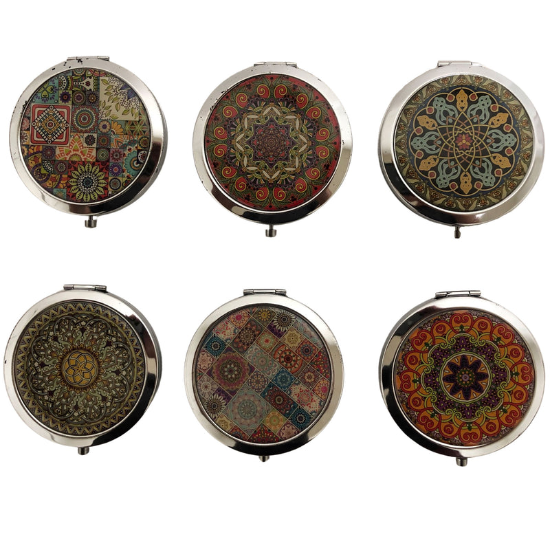 CLEARANCE COSMETIC MIRRORS GEOMETRIC PRINTS (CASE OF 60 - $1.00 / PIECE)  Wholesale Round Cosmetic Mirrors in Geometric Prints SKU: 801-DATURA-60