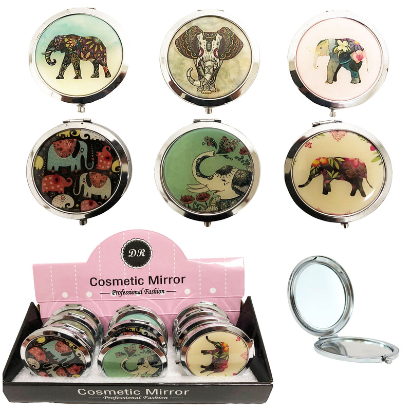 CLEARANCE COSMETIC MIRRORS ELEPHANT PRINTS (CASE OF 60 - $1.00 / PIECE)  Wholesale Round Cosmetic Mirrors in Elephant Prints SKU: 801-ELEPHANT-60