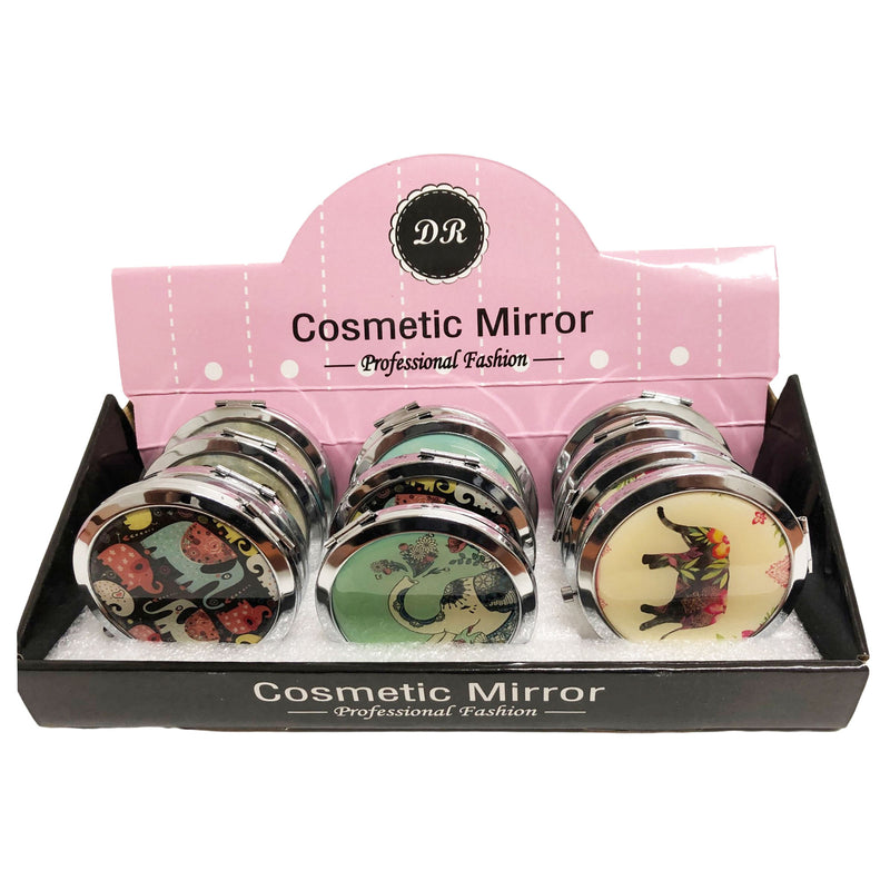 CLEARANCE COSMETIC MIRRORS ELEPHANT PRINTS (CASE OF 60 - $1.00 / PIECE)  Wholesale Round Cosmetic Mirrors in Elephant Prints SKU: 801-ELEPHANT-60