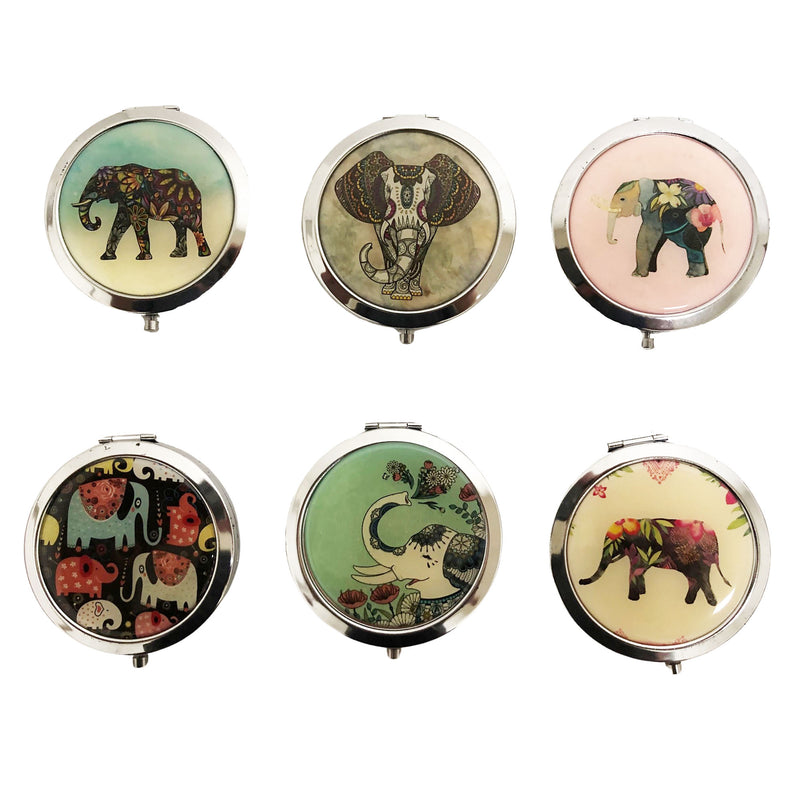 CLEARANCE COSMETIC MIRRORS ELEPHANT PRINTS (CASE OF 60 - $1.00 / PIECE)  Wholesale Round Cosmetic Mirrors in Elephant Prints SKU: 801-ELEPHANT-60