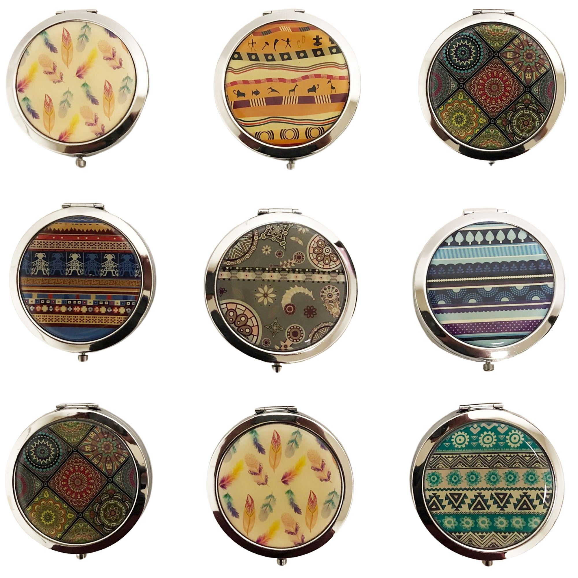 CLEARANCE COSMETIC MIRRORS TRIBAL PRINTS (CASE OF 60 - $1.00 / PIECE)  Wholesale Round Cosmetic Mirrors in Tribal Prints SKU: 801-TRIBAL-60