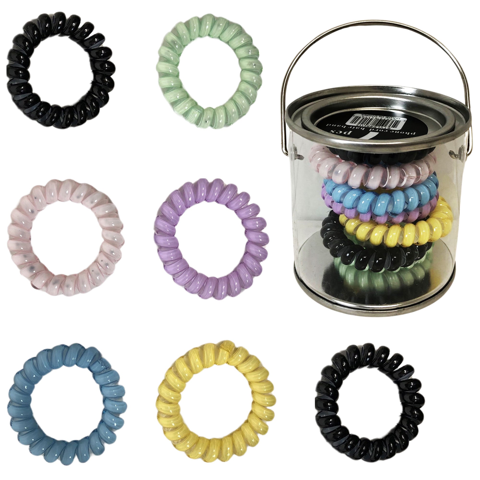 CLEARANCE CORDED HAIR TIES - 7 IN A CAN (CASE OF 36 - $2.00 / PIECE)  Wholesale Hair Ties in Assorted Colors SKU: 84113-36