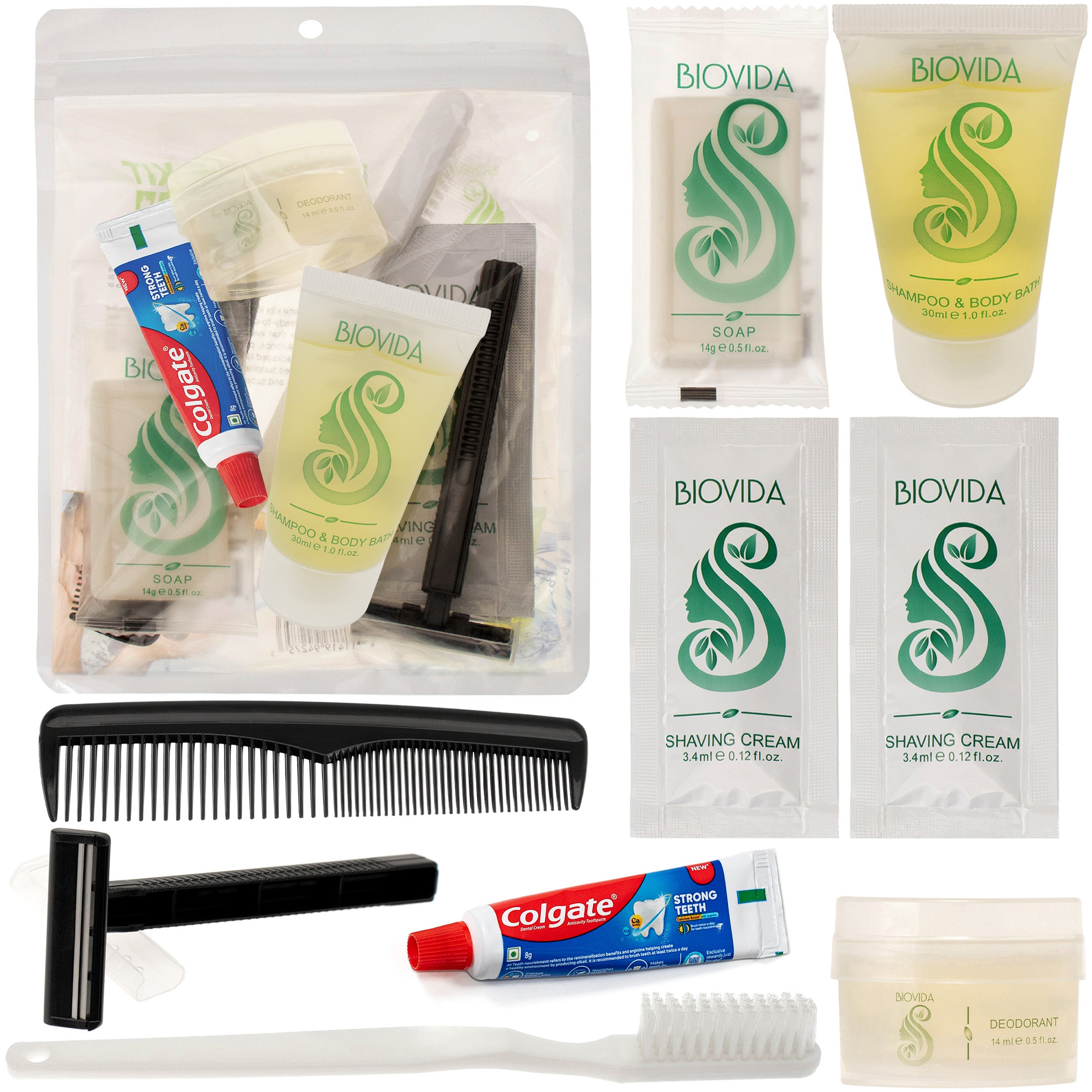 9 Piece Biovida Deluxe Wholesale Hygiene Kits With Colgate Toothpaste - Bulk Toiletry Case of 96