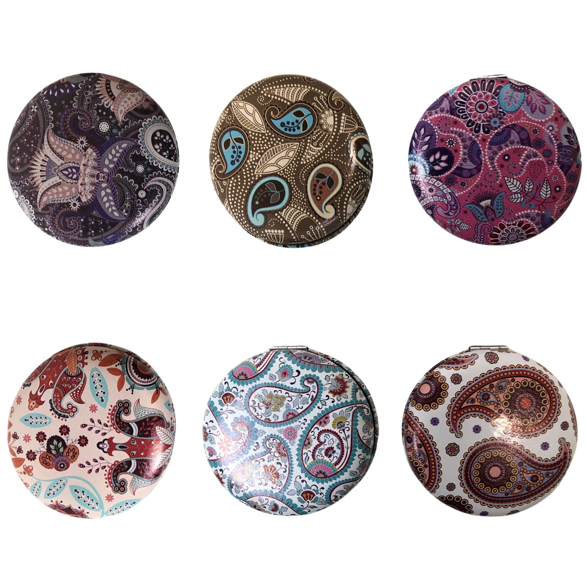 CLEARANCE COSMETIC MIRRORS PAISLY PRINTS (CASE OF 48 - $1.50 / PIECE)  Wholesale Round Cosmetic Mirrors in Assorted Prints SKU: 906-CASHEW-48