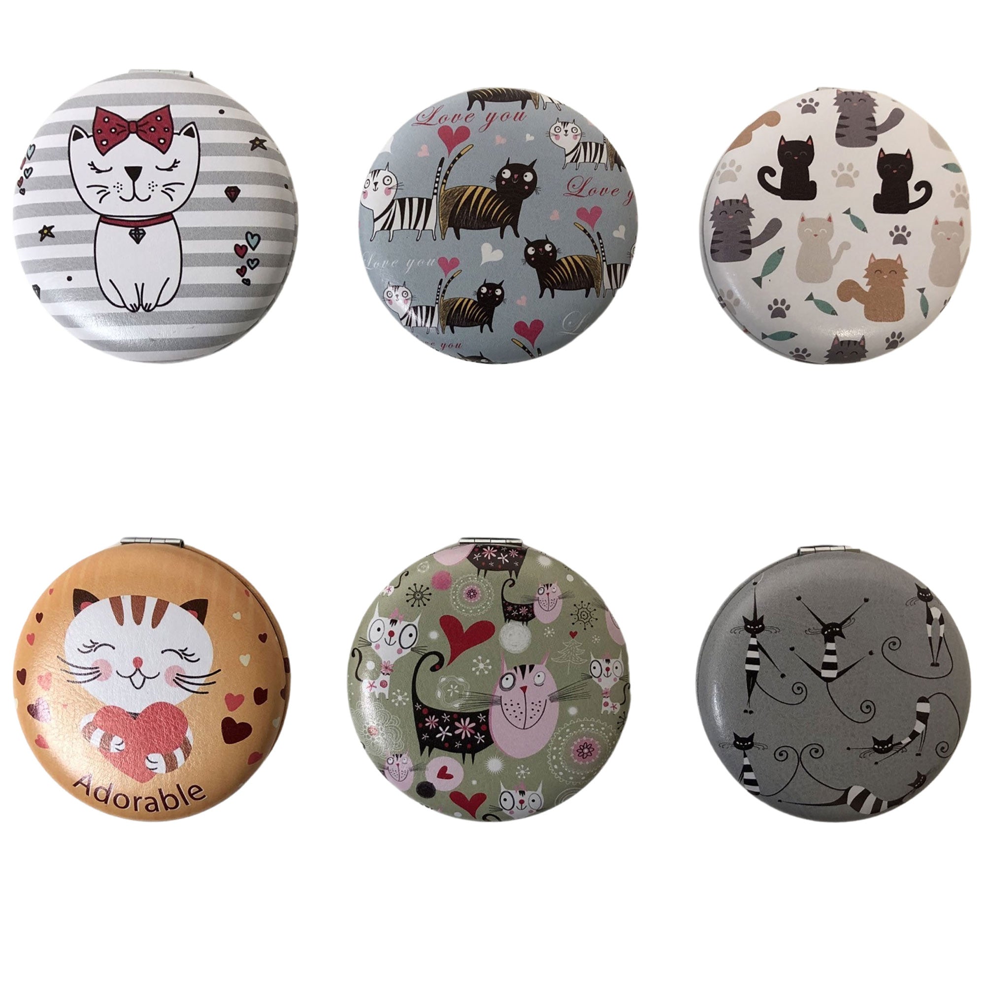 CLEARANCE COSMETIC MIRRORS CAT PRINTS (CASE OF 48 - $1.50 / PIECE)  Wholesale Round Cosmetic Mirrors in Assorted Prints SKU: 906-CAT-48