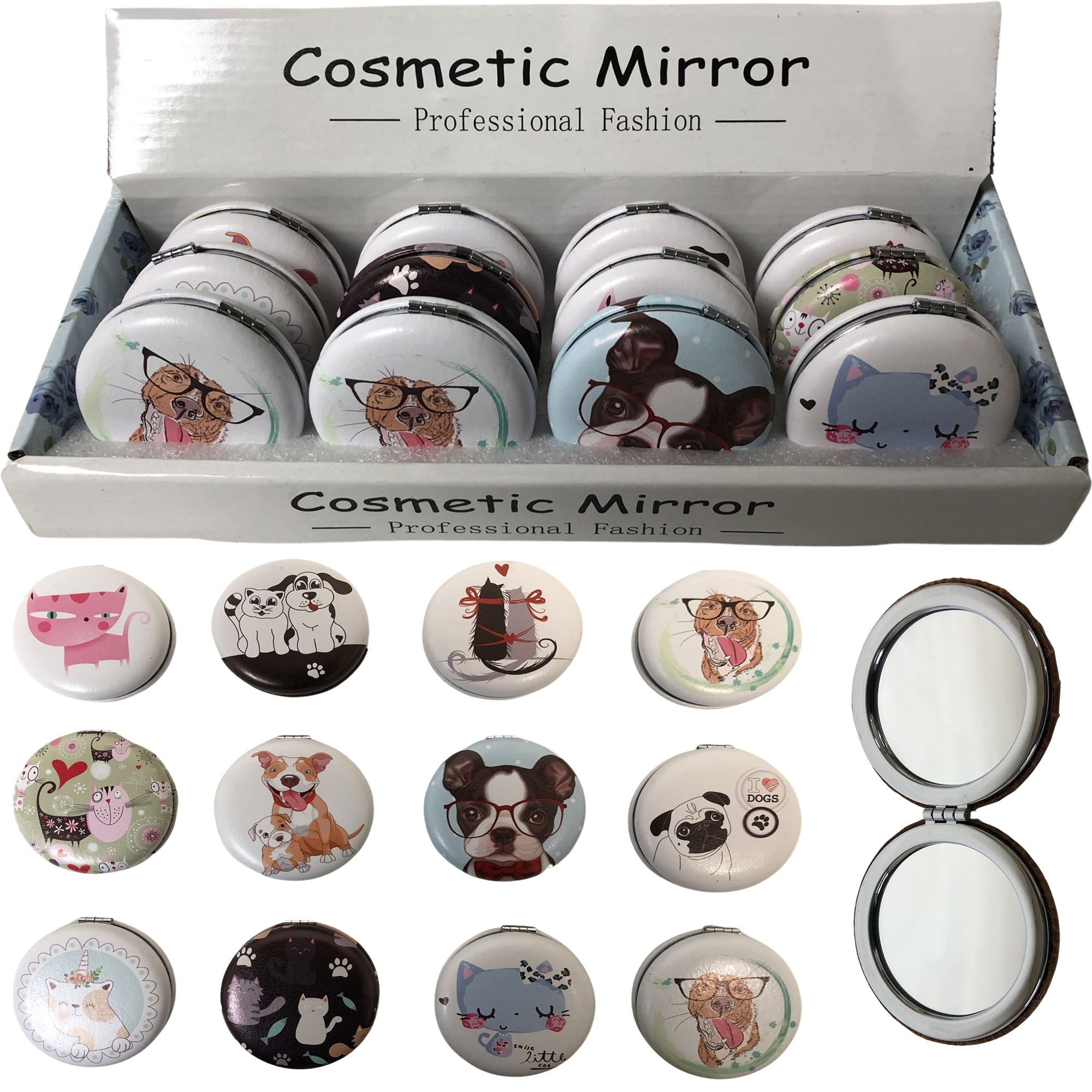 CLEARANCE ROUND COSMETIC MIRRORS CAT & DOG PRINTS (CASE OF 48 - $1.50 / PIECE)  Wholesale Cosmetic Mirrors in Assorted Prints SKU: 909-CAT-DOG-48