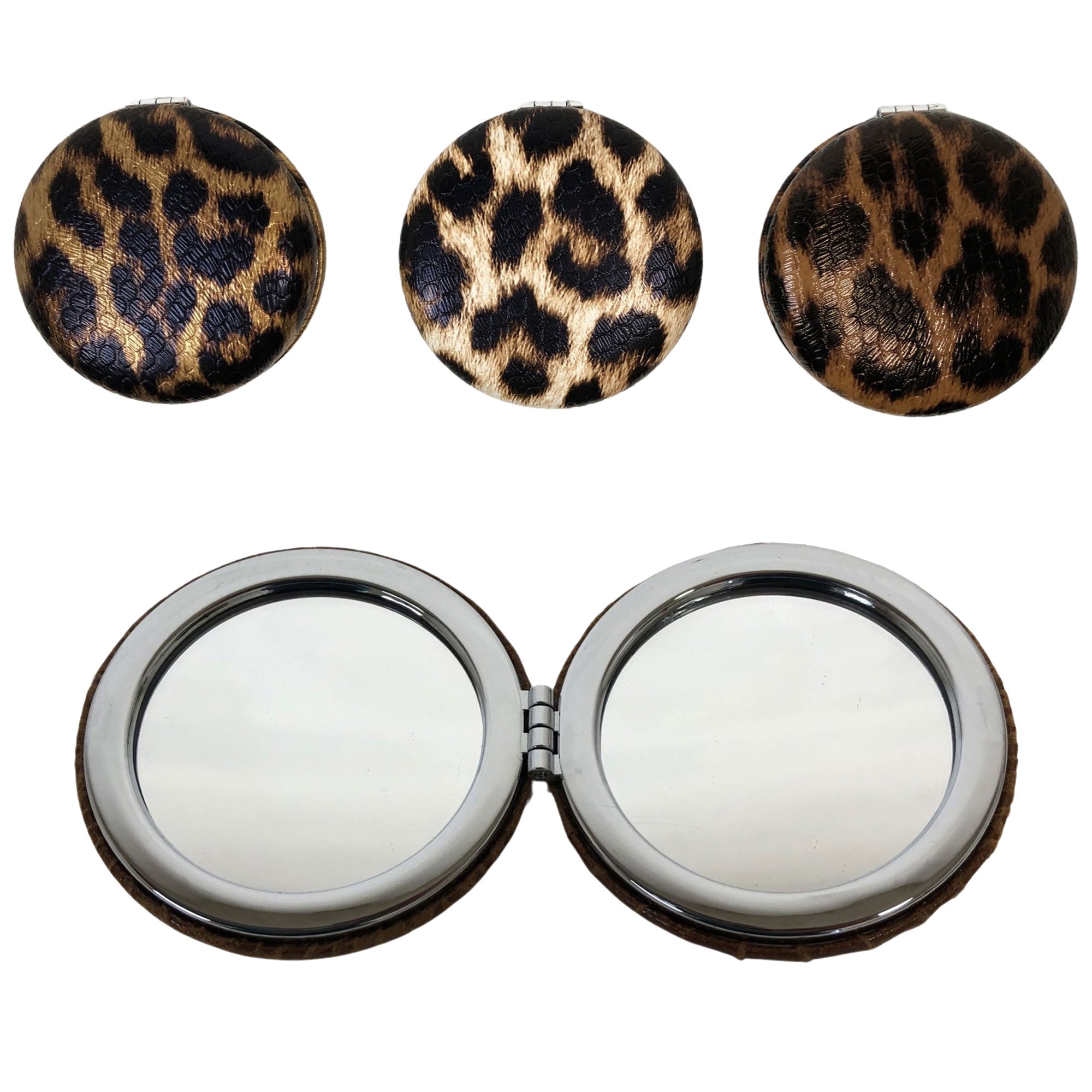 CLEARANCE ROUND COSMETIC LEOPARD PRINTS (CASE OF 48 - $1.50 / PIECE)  Wholesale Cosmetic Mirrors in Assorted Prints SKU: 909-LEO-48