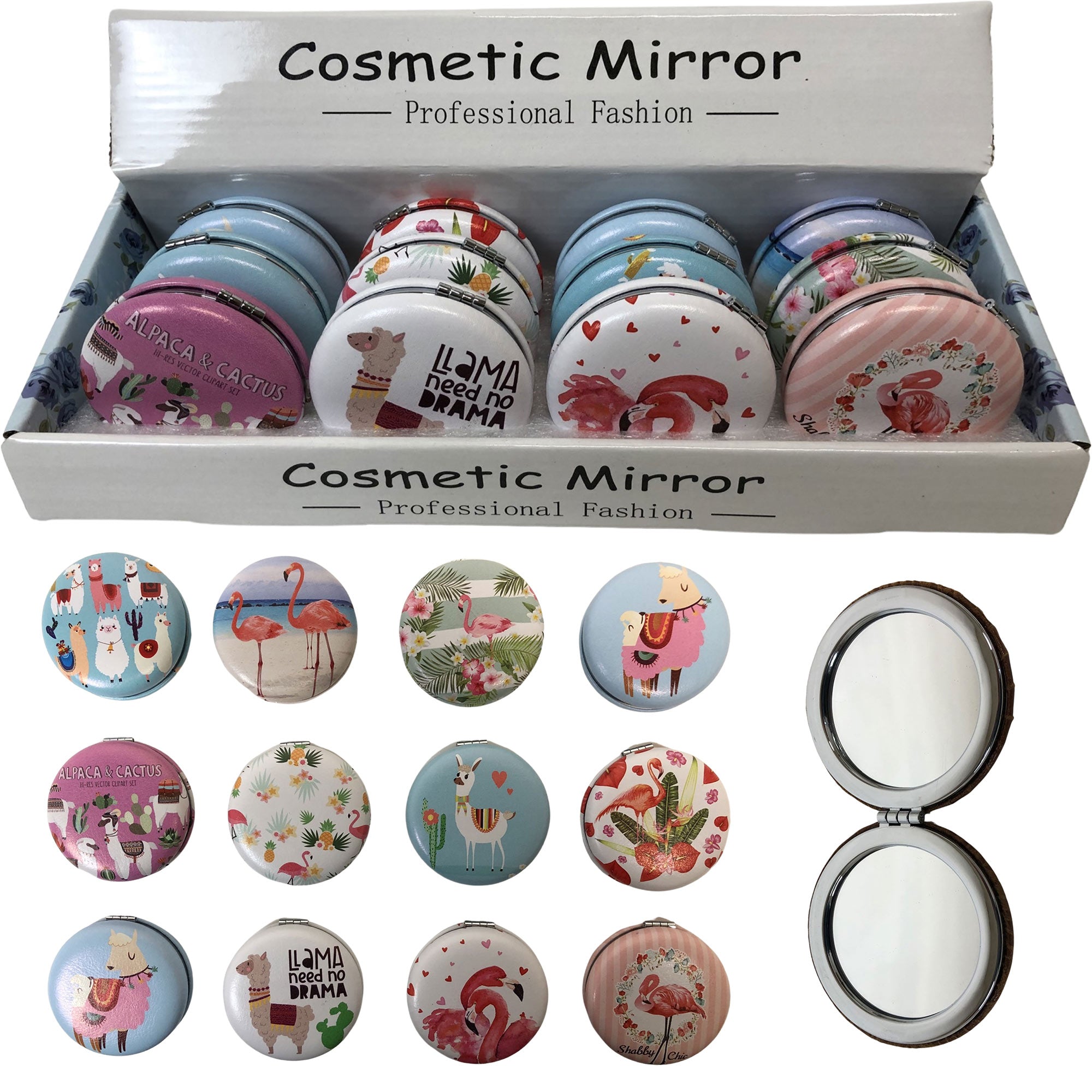 CLEARANCE ROUND COSMETIC LLAMA & FLAMINGO PRINTS (CASE OF 48 - $1.50 / PIECE)  Wholesale Cosmetic Mirrors in Assorted Prints SKU: 909-LAMA/FLAM-48