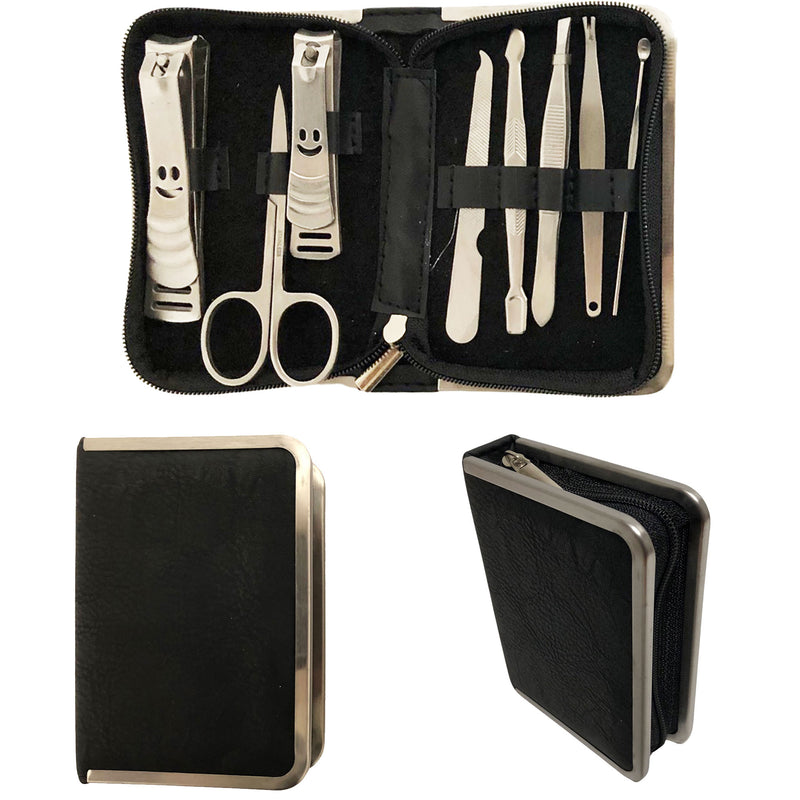 CLEARANCE BLACK MANICURE SET STAINLESS STEEL (CASE OF 24 - $2.50 / PIECE)  Wholesale 8 Piece Stainless Steel Manicure Set in Black SKU: 9598-LE-BLACK-24