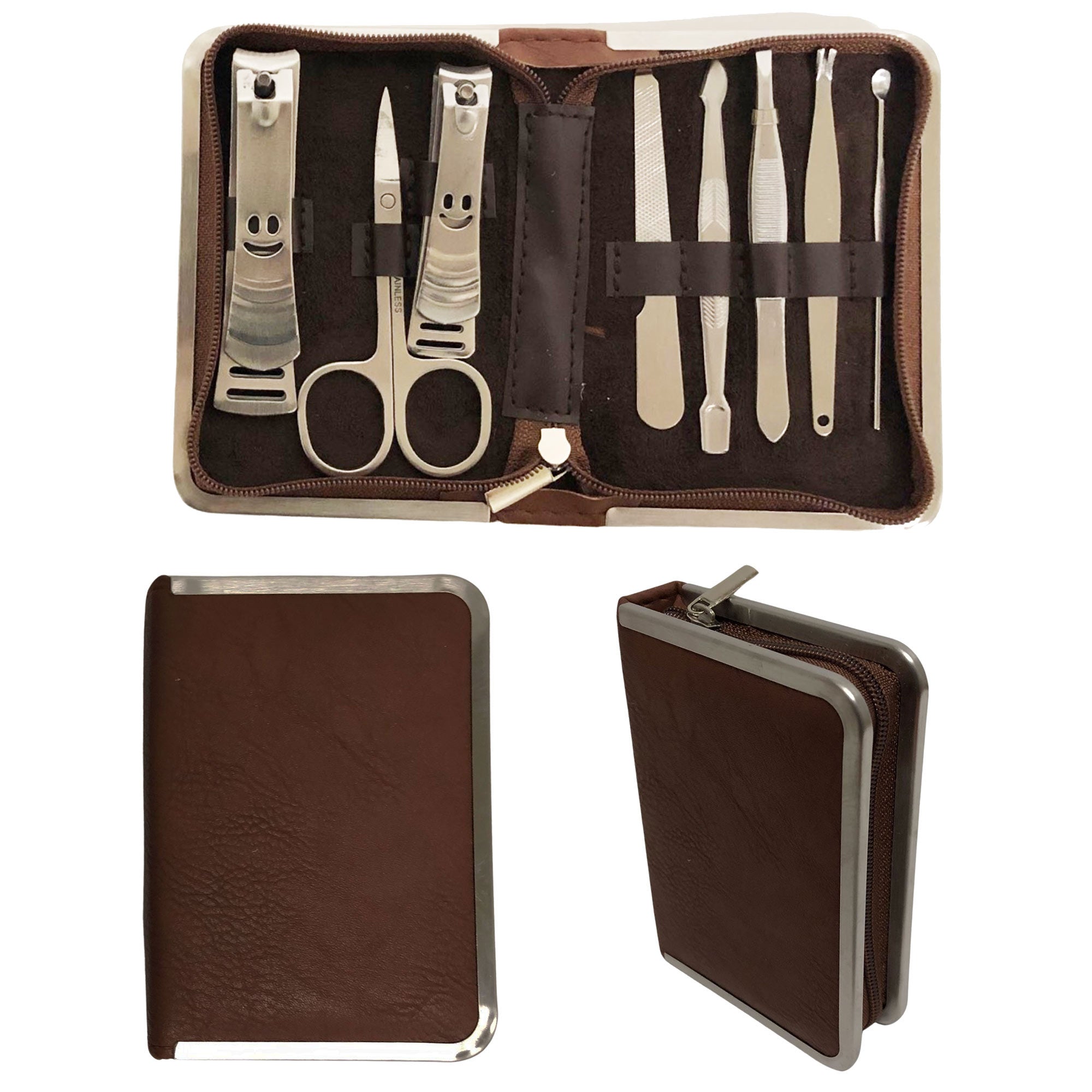 CLEARANCE BROWN MANICURE SET STAINLESS STEEL (CASE OF 24 - $2.50 / PIECE)  Wholesale 8 Piece Stainless Steel Manicure Set in Brown SKU: 9598-LE-BROWN-24