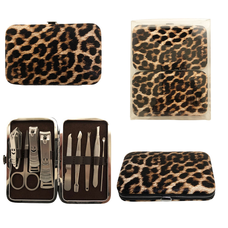 CLEARANCE MANICURE SET IN BROWN LEOPARD CASE (CASE OF 24 - $2.50 / PIECE)  Wholesale 9 Piece Stainless Steel Manicure Set in Brown Leopard SKU: 9699-LEO-BROWN-24