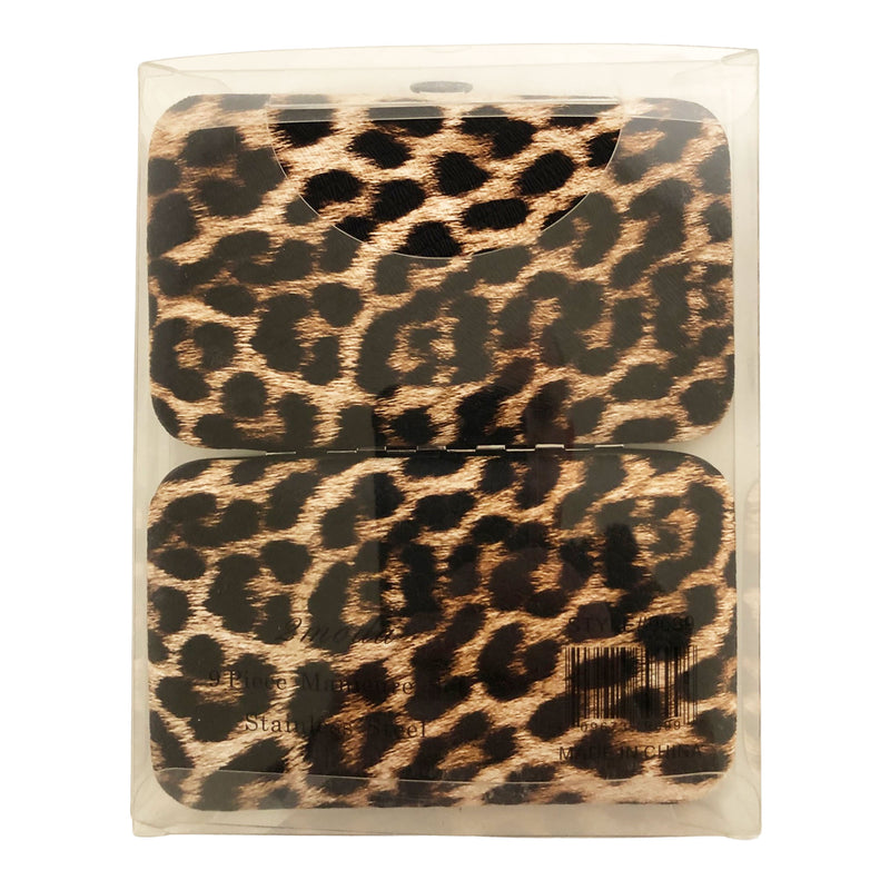CLEARANCE MANICURE SET IN BROWN LEOPARD CASE (CASE OF 24 - $2.50 / PIECE)  Wholesale 9 Piece Stainless Steel Manicure Set in Brown Leopard SKU: 9699-LEO-BROWN-24