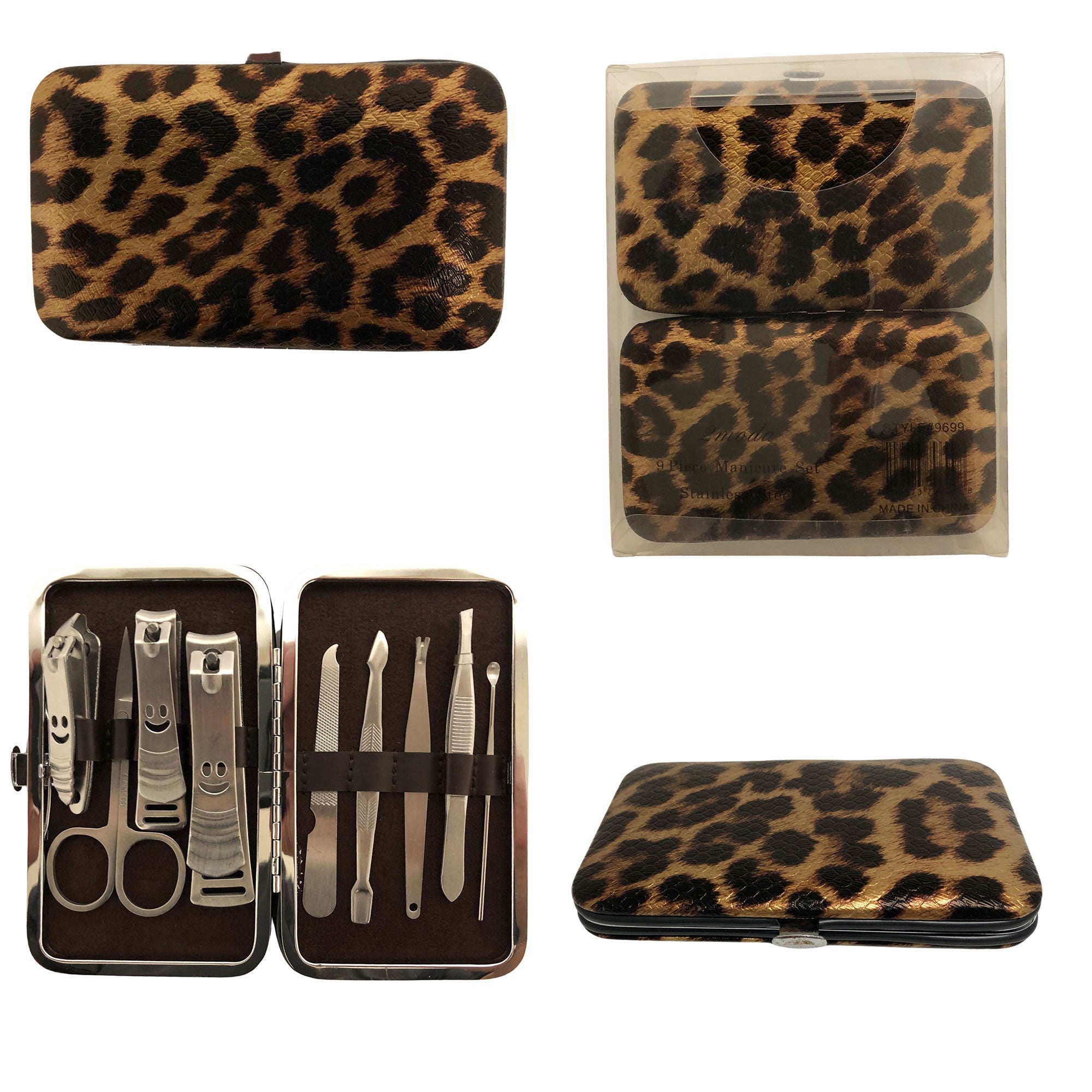 CLEARANCE MANICURE SET IN GOLD LEOPARD CASE (CASE OF 24 - $2.50 / PIECE)  Wholesale 9 Piece Stainless Steel Manicure Set in Gold Leopard SKU: 9699-LEO-GOLD-24
