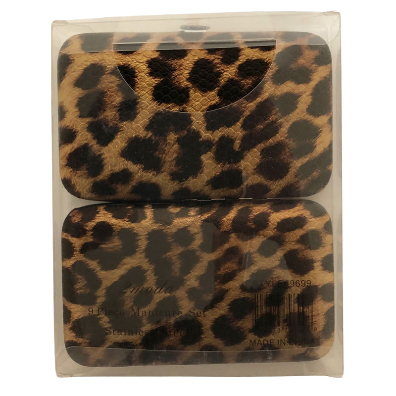 CLEARANCE MANICURE SET IN GOLD LEOPARD CASE (CASE OF 24 - $2.50 / PIECE)  Wholesale 9 Piece Stainless Steel Manicure Set in Gold Leopard SKU: 9699-LEO-GOLD-24
