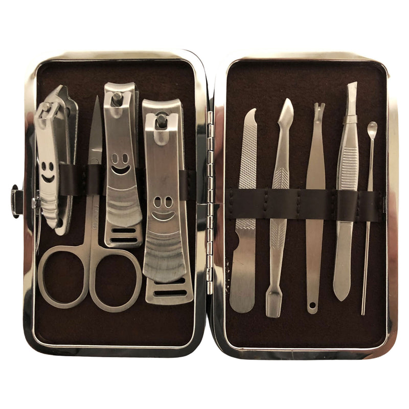 CLEARANCE MANICURE SET IN BROWN CASE (CASE OF 24 - $2.50 / PIECE)  Wholesale 9 Piece Stainless Steel Manicure Set in Brown SKU: 9699-9019-SMT-BROWN-24