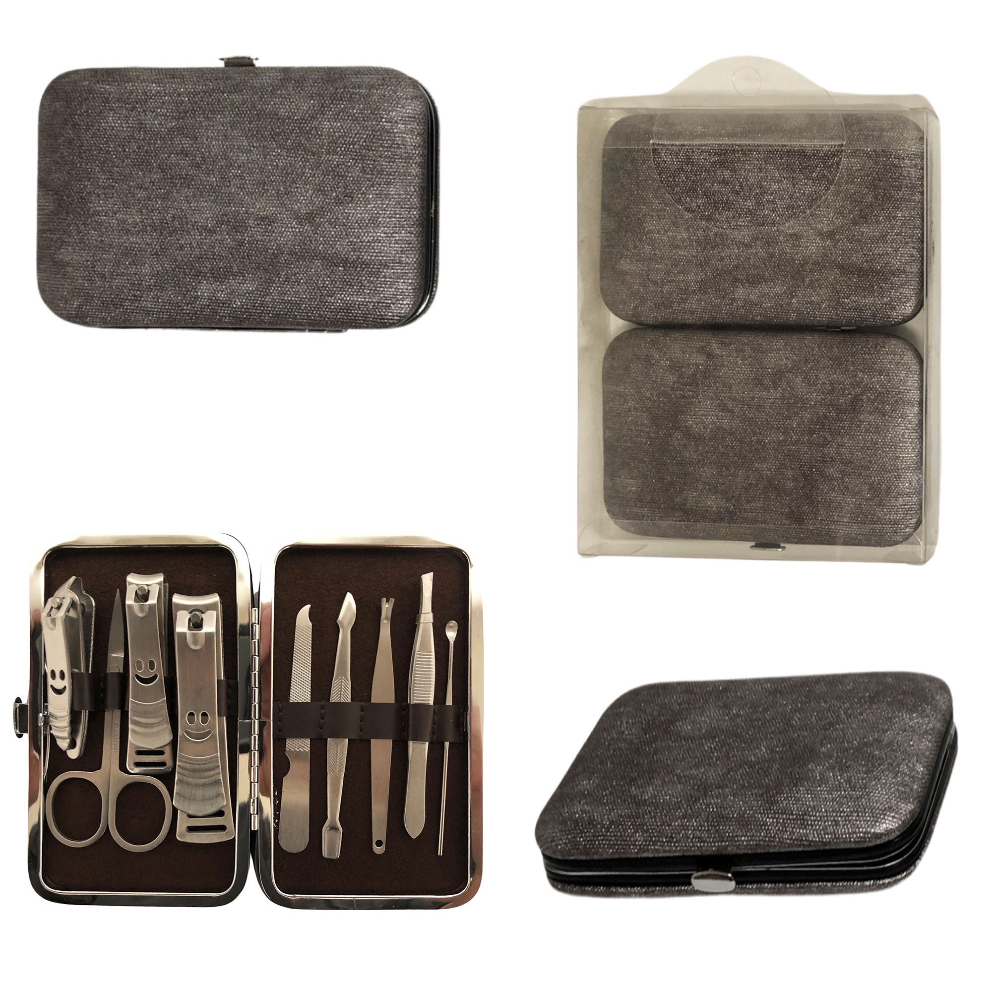 CLEARANCE MANICURE SET IN GREY CASE (CASE OF 24 - $2.50 / PIECE)  Wholesale 9 Piece Stainless Steel Manicure Set in Grey SKU: 9699-9019-SMT-GREY-24