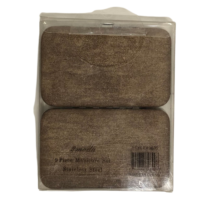 CLEARANCE MANICURE SET IN LT BROWN CASE (CASE OF 24 - $2.50 / PIECE)  Wholesale 9 Piece Stainless Steel Manicure Set in Light Brown SKU: 9699-9019-SMT-LT BROWN-24