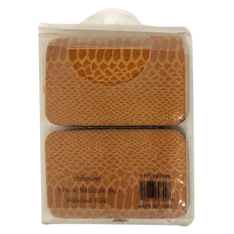 CLEARANCE BROWN SNAKE  PRINT MANICURE SET (CASE OF 24 - $2.50 / PIECE)  Wholesale 9 Piece Stainless Steel Manicure Set in Brown Snake SKU: 9699-SNK-BROWN-24