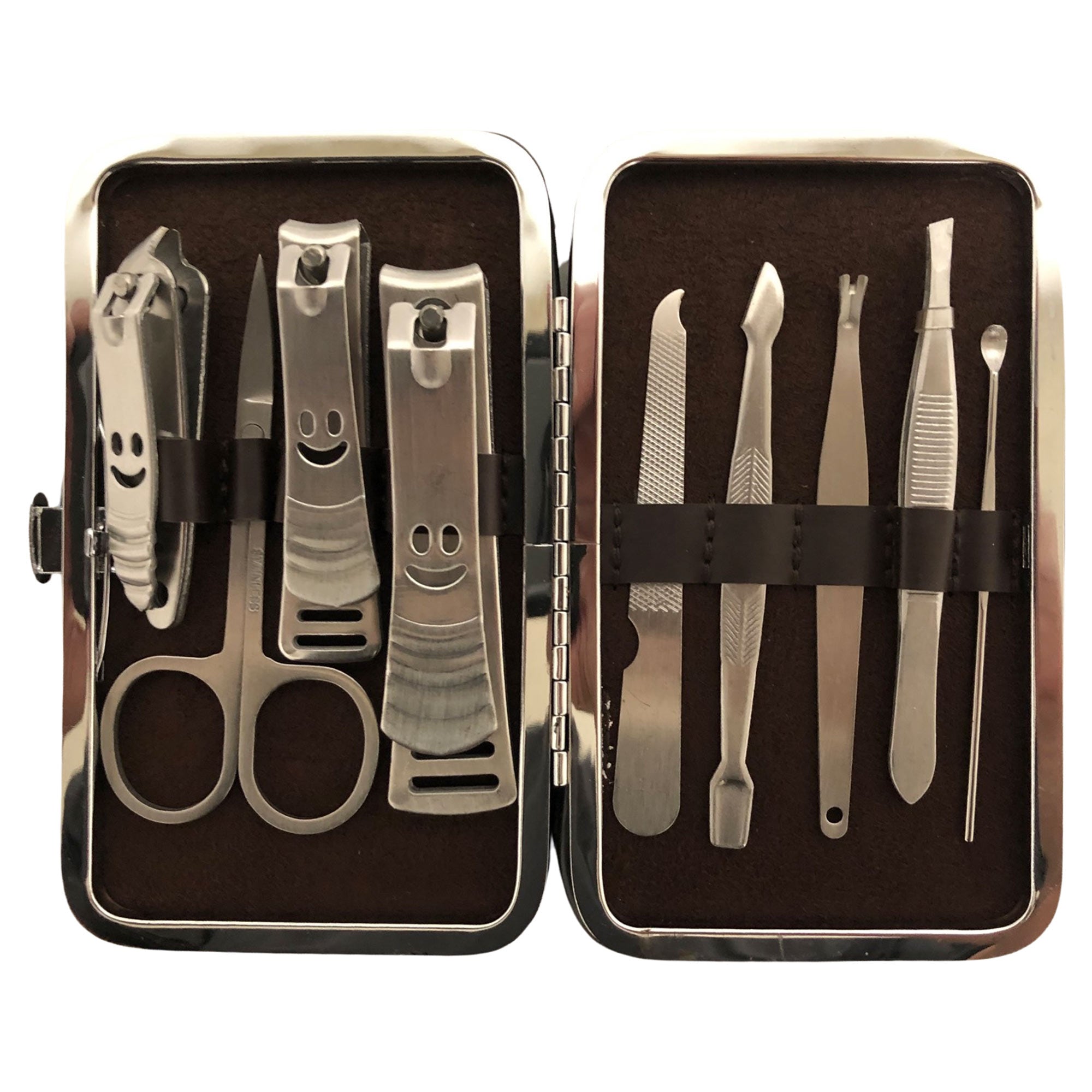 CLEARANCE BROWN SNAKE  PRINT MANICURE SET (CASE OF 24 - $2.50 / PIECE)  Wholesale 9 Piece Stainless Steel Manicure Set in Brown Snake SKU: 9699-SNK-BROWN-24