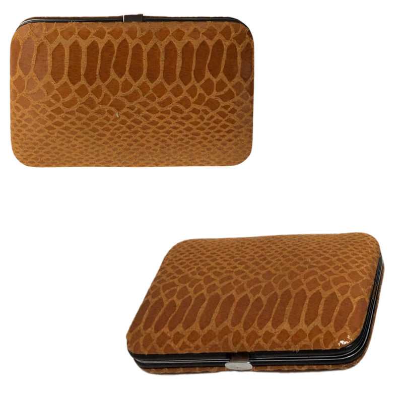 CLEARANCE BROWN SNAKE  PRINT MANICURE SET (CASE OF 24 - $2.50 / PIECE)  Wholesale 9 Piece Stainless Steel Manicure Set in Brown Snake SKU: 9699-SNK-BROWN-24