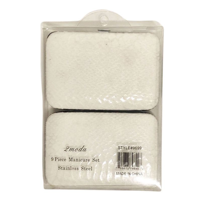 CLEARANCE SNAKE  PRINT MANICURE SET (CASE OF 24 - $2.50 / PIECE)  Wholesale 9 Piece Stainless Steel Manicure Set in Silver White Snake SKU: 9699-SNK-SILVER-24
