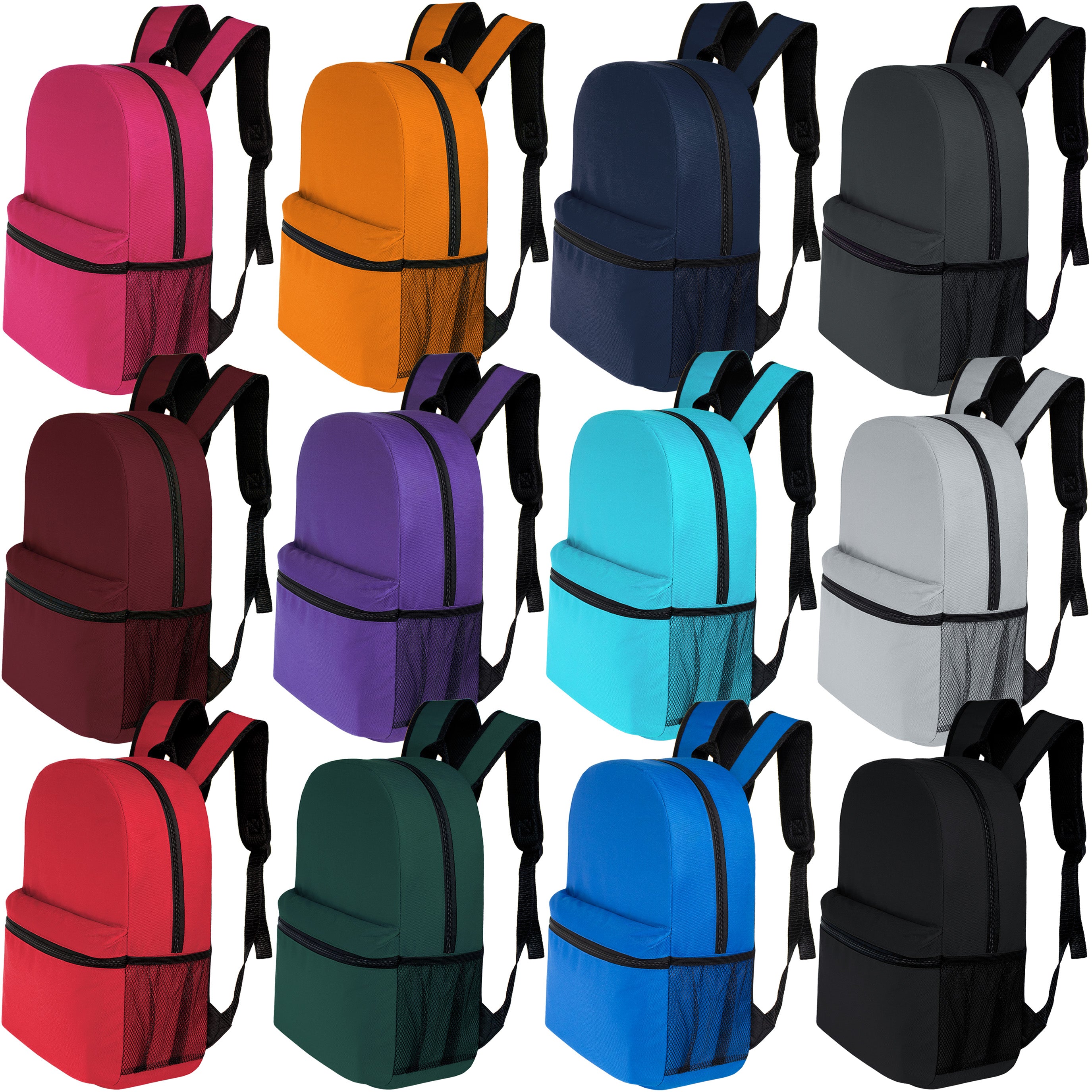 17" Kids Basic Wholesale Backpack in 12 Colors With Side Pocket - Bulk Case of 24 Bookbags