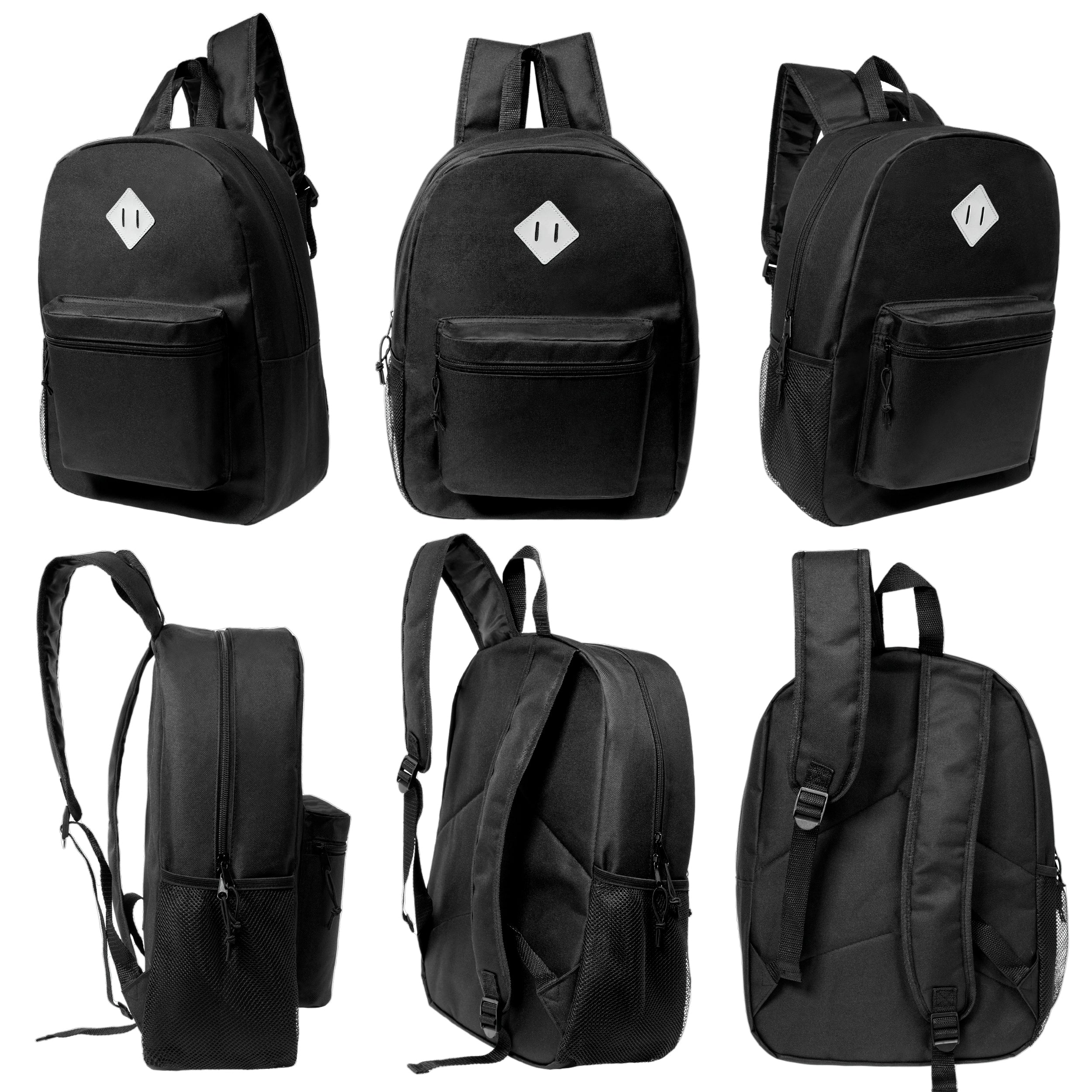 17" Wholesale Backpack in Black with Designer Inspired Patch - Bulk Case of 24