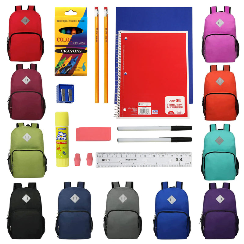 18 Piece Wholesale Deluxe School Supply Kit With 17" Backpack - Bulk Case of 12 Backpacks and Kits