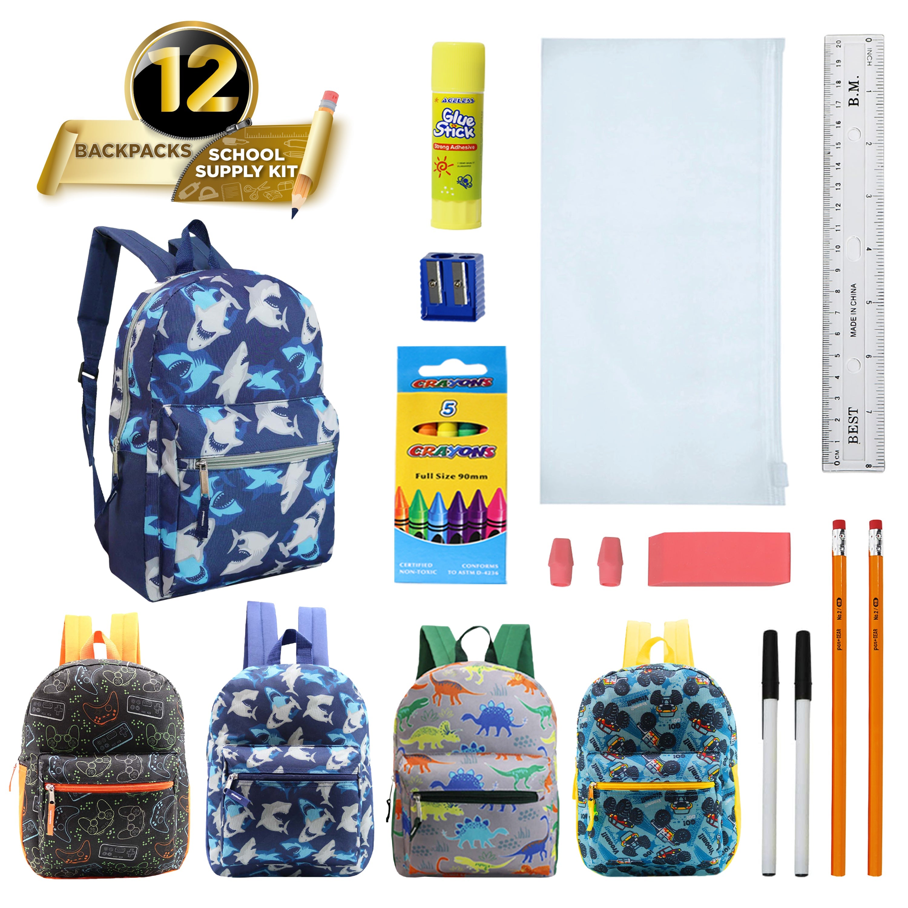 12 backpack kids 12 Wholesale 15" Printed Kids Backpacks & 12 Bulk School Supply Kits of Your Choice