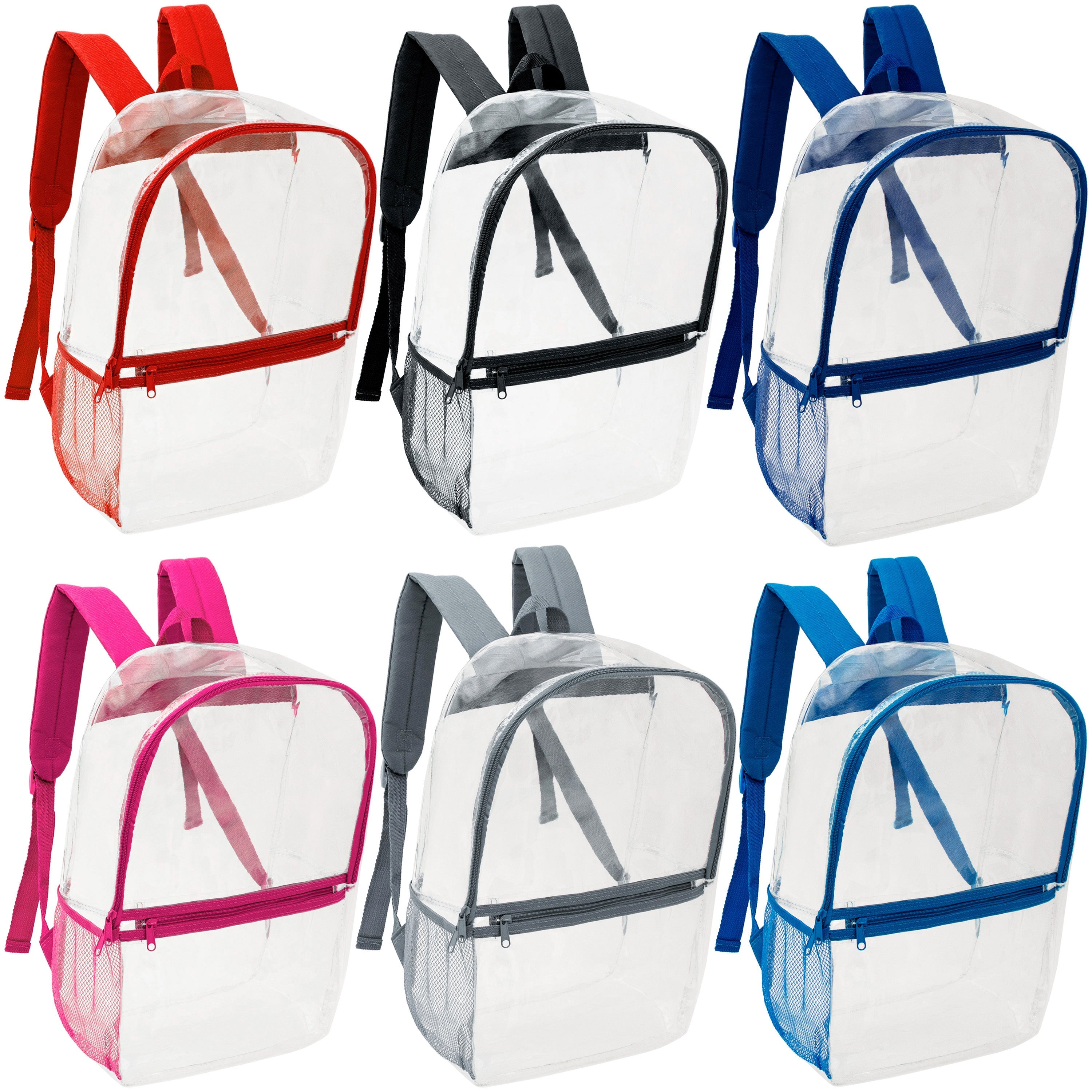 17" Clear Wholesale Backpacks in Assorted Colors & 12 Bulk School Supply Kits of Your Choice