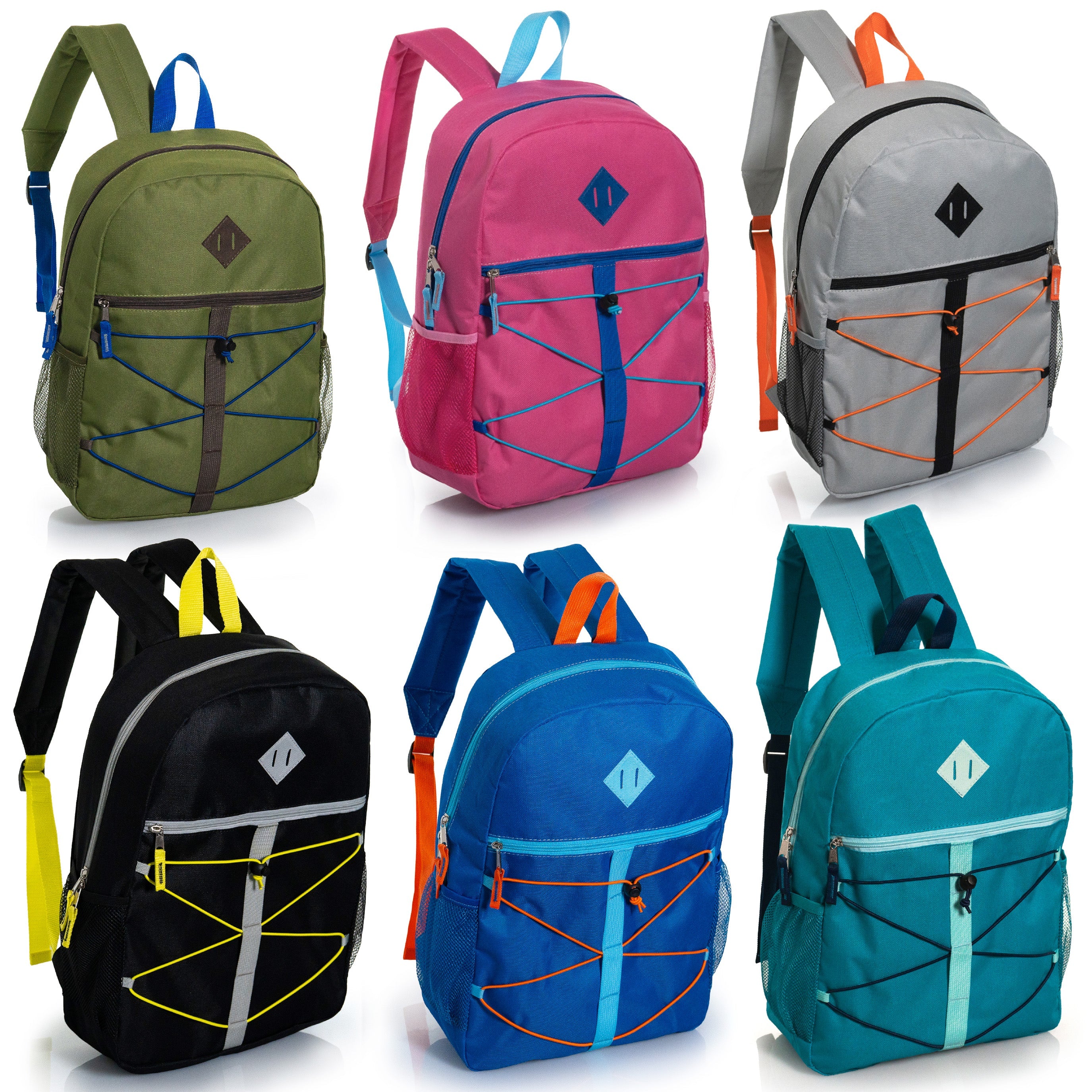 17" Wholesale Bungee Backpacks in 12 Assorted Colors - Bulk Case of 24 Bookbags