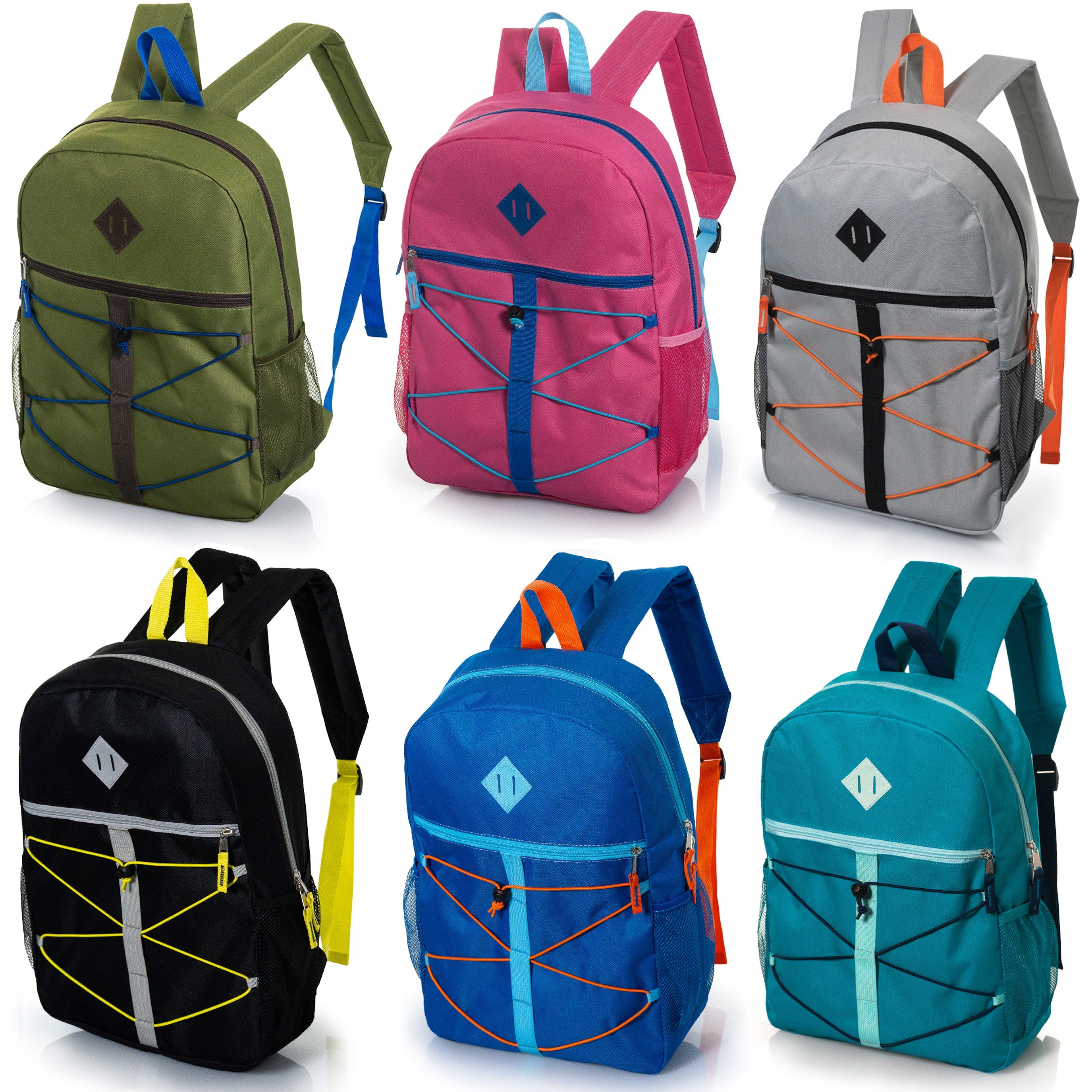 17" Wholesale Bungee Backpacks in 12 Assorted Colors - Bulk Case of 24 Bookbags
