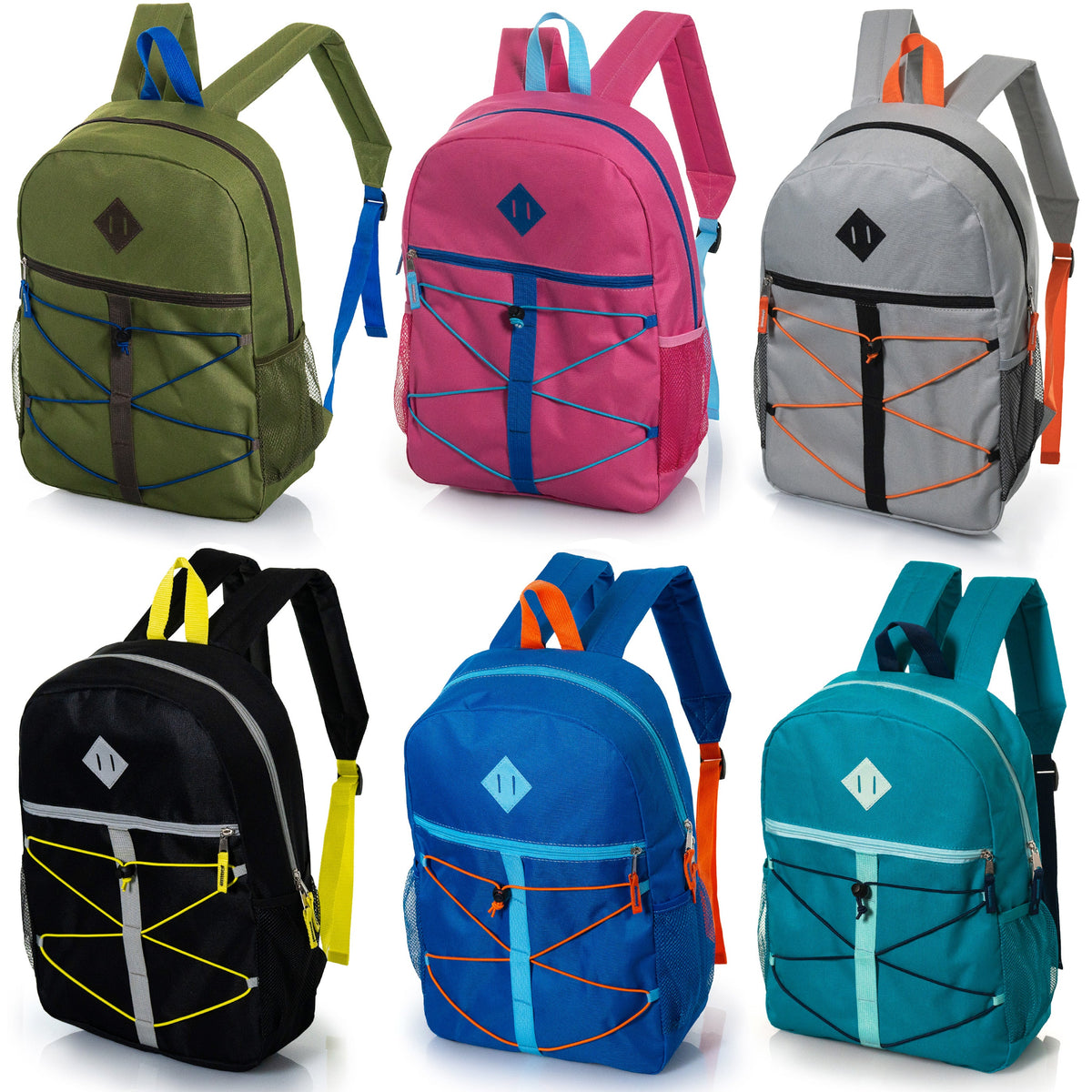 12 Daisy Chain & Bungee Design 17" Backpacks & Your Choice of 12 Bulk Hygiene Kits - Wholesale Care Package: Homeless, Emergency, Charity