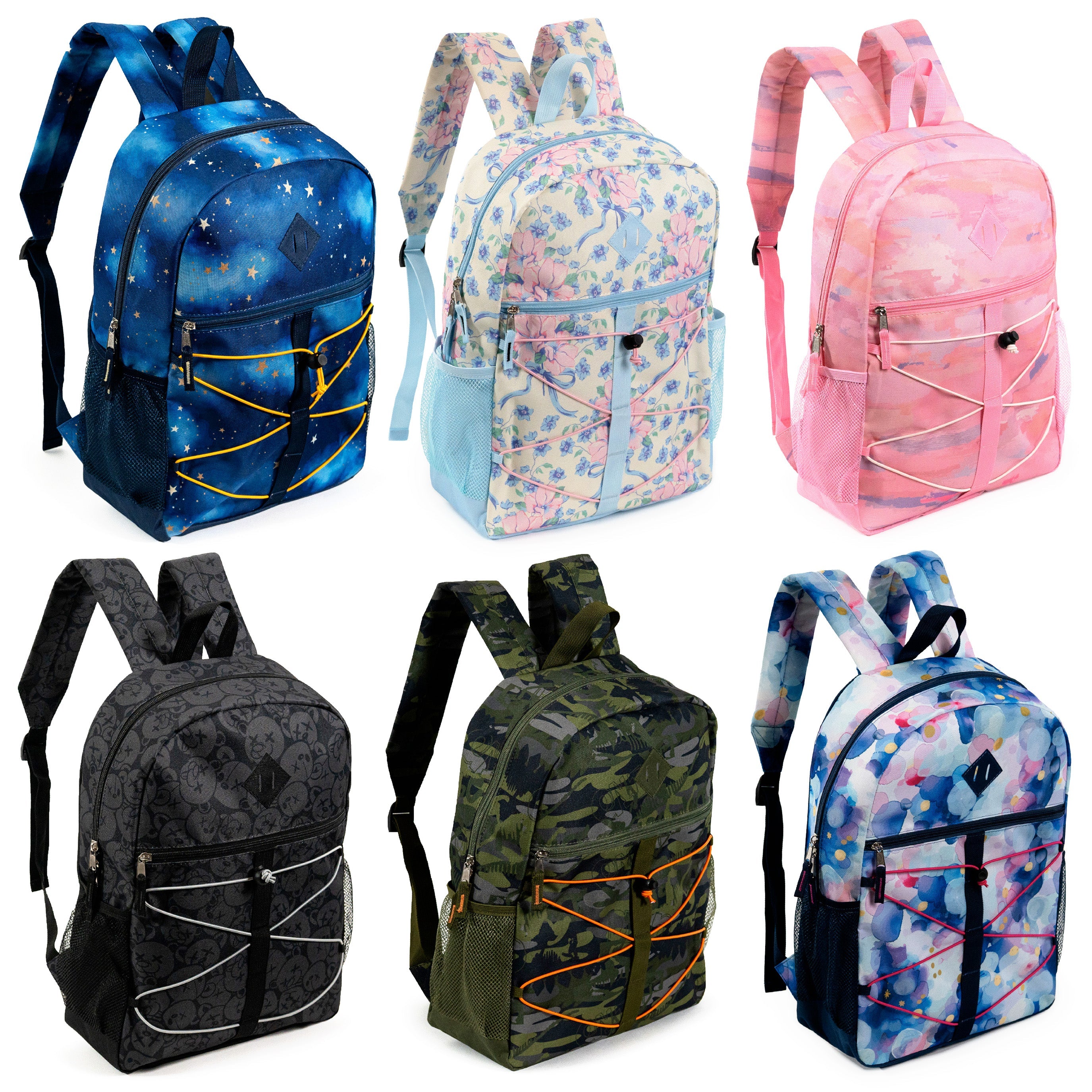 Wholesale School 17" Bungee Backpacks in 6 Prints - Side Pockets - Bulk Case of 24 Bookbags