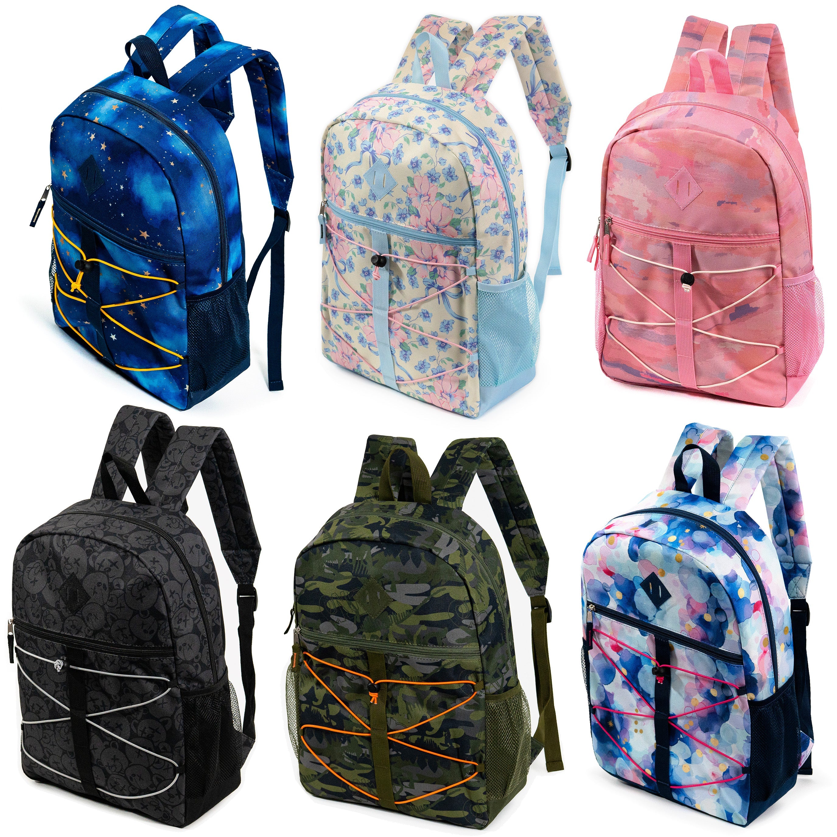 Wholesale School 17" Bungee Backpacks in 6 Prints - Side Pockets - Bulk Case of 24 Bookbags