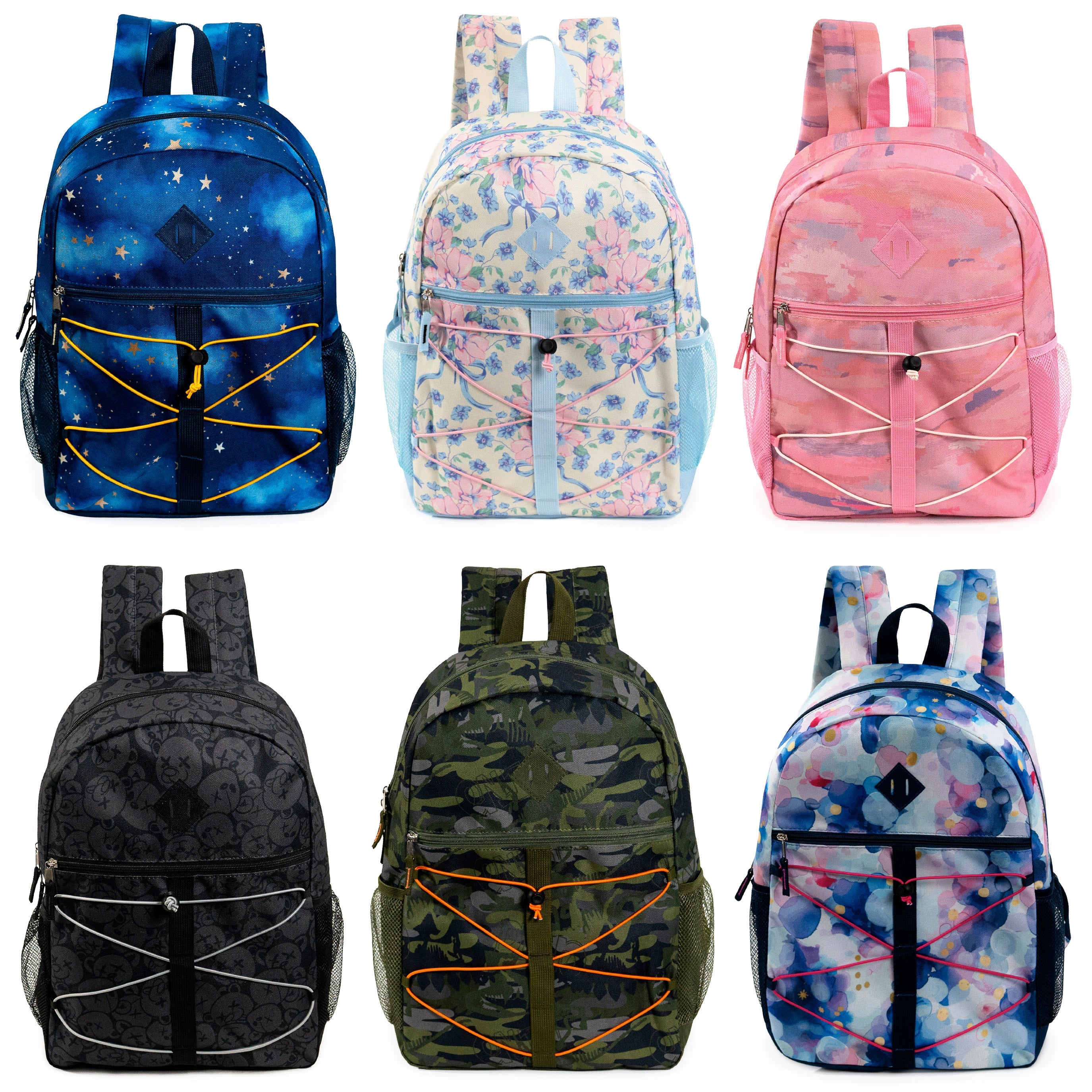 12 Wholesale 17" Bungee Backpack in 6 Prints & 12 Bulk School Supply Kits of Your Choice