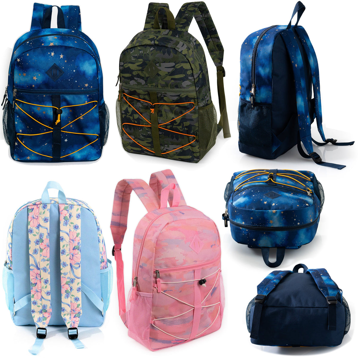 12 Bungee 17" Backpacks in Assorted Prints & Your Choice of 12 Bulk Hygiene Kits - Wholesale Care Package: Homeless, Emergency, Charity