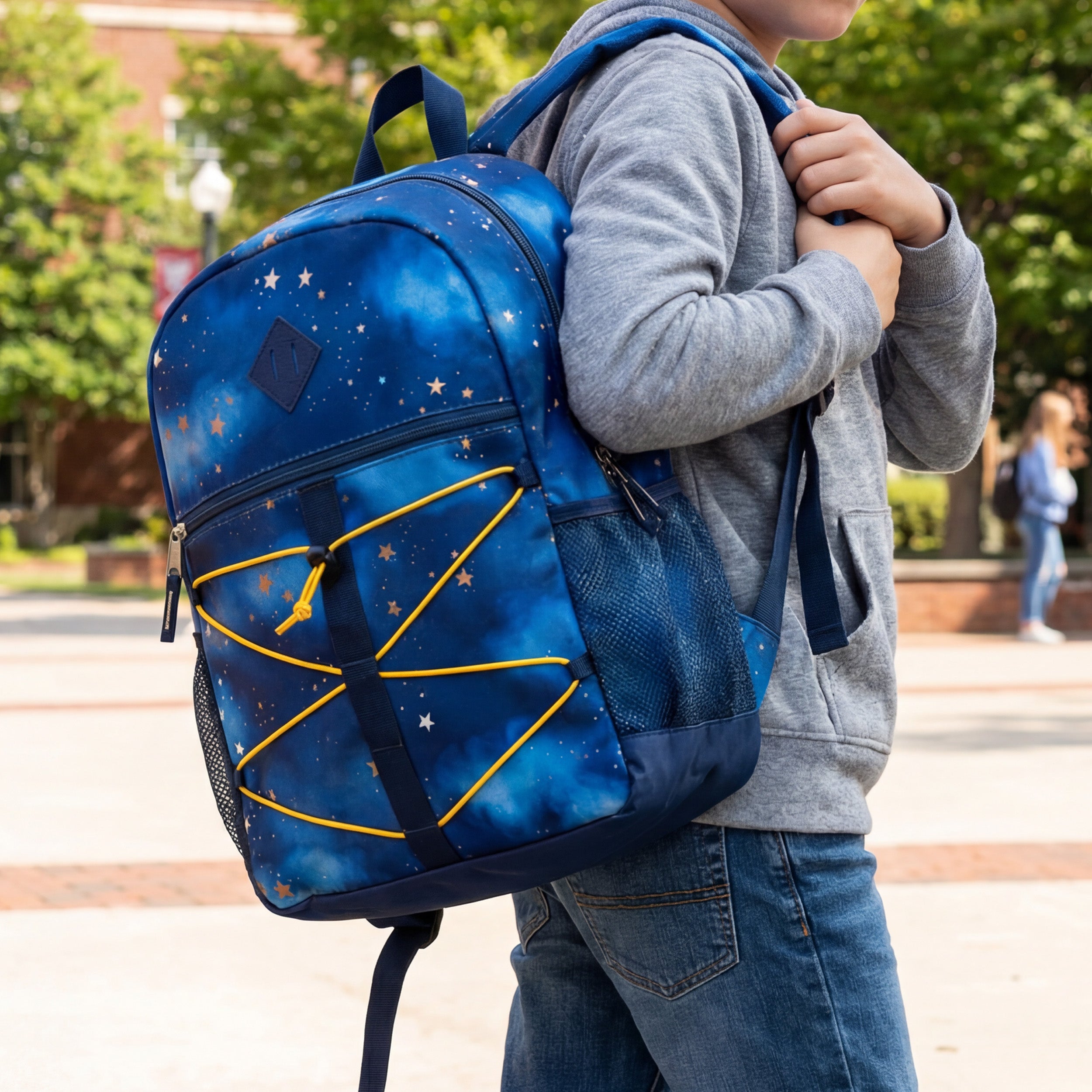 17" Wholesale Bungee Backpacks in 12 Assorted Colors & Prints - Bulk Case of 24 Bookbags