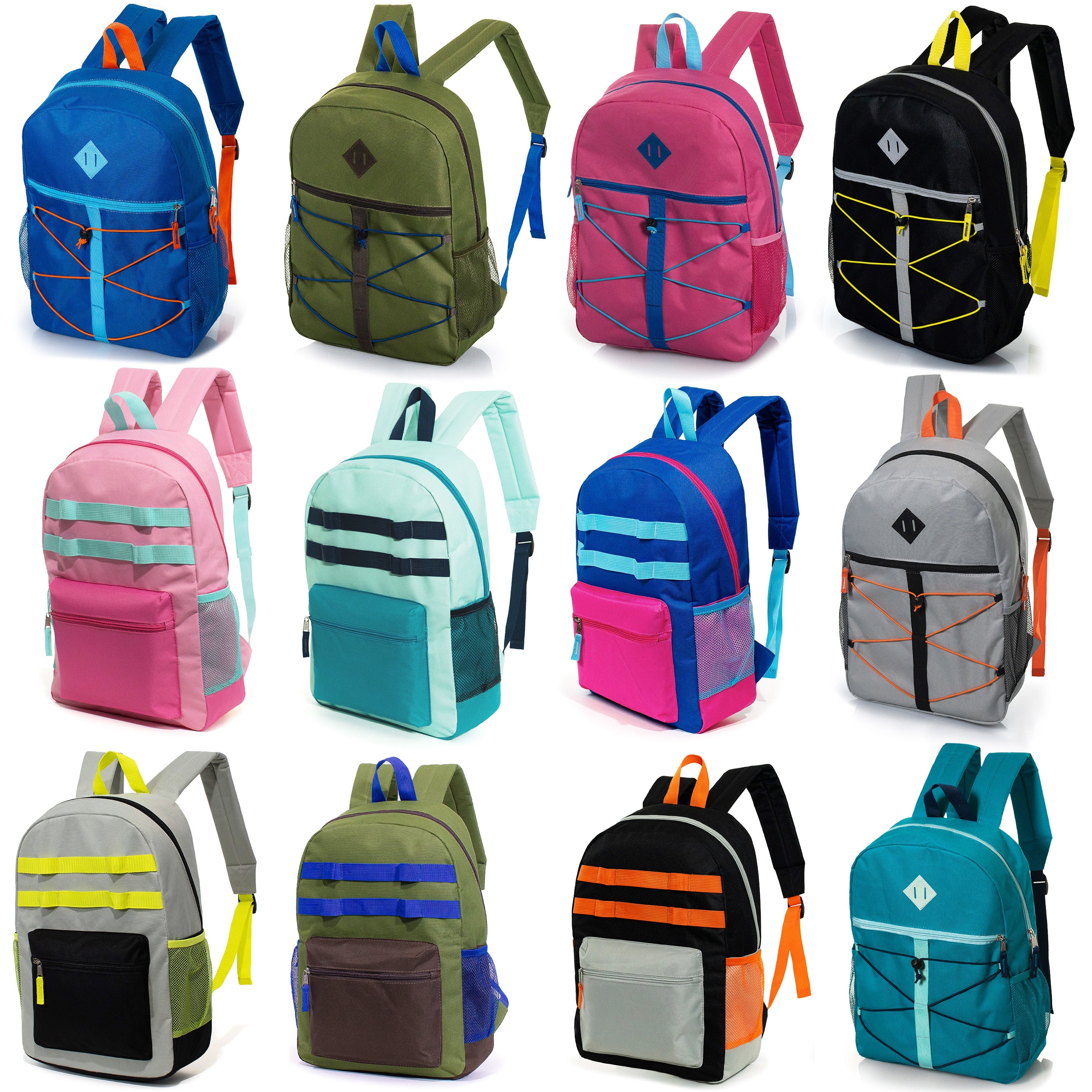 17" Wholesale Bungee Backpacks in 12 Assorted Colors - Bulk Case of 24 Bookbags