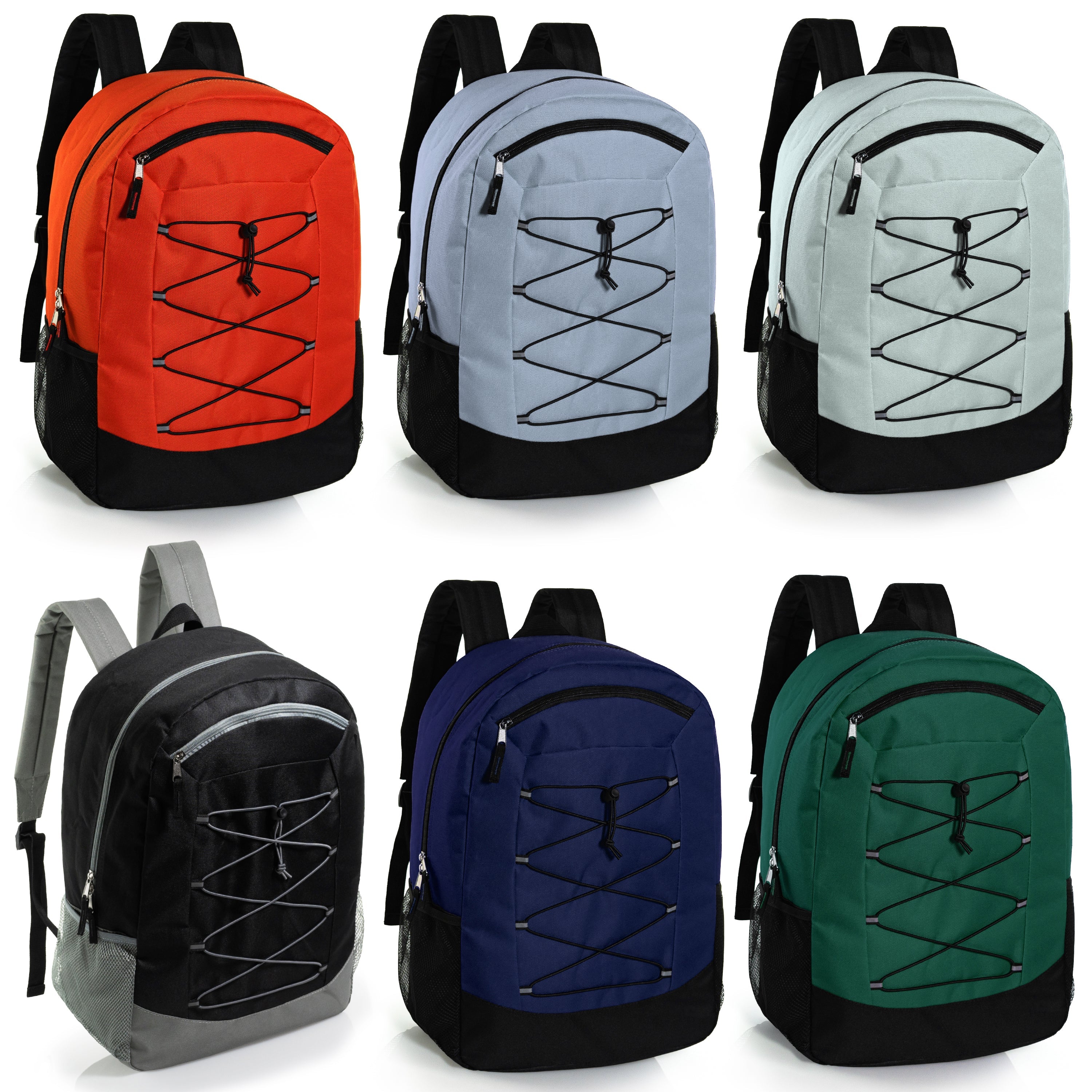 Large Size Deluxe 19" Wholesale Bungee Backpacks | Dual Mesh Side Pockets - Bulk Case of 24