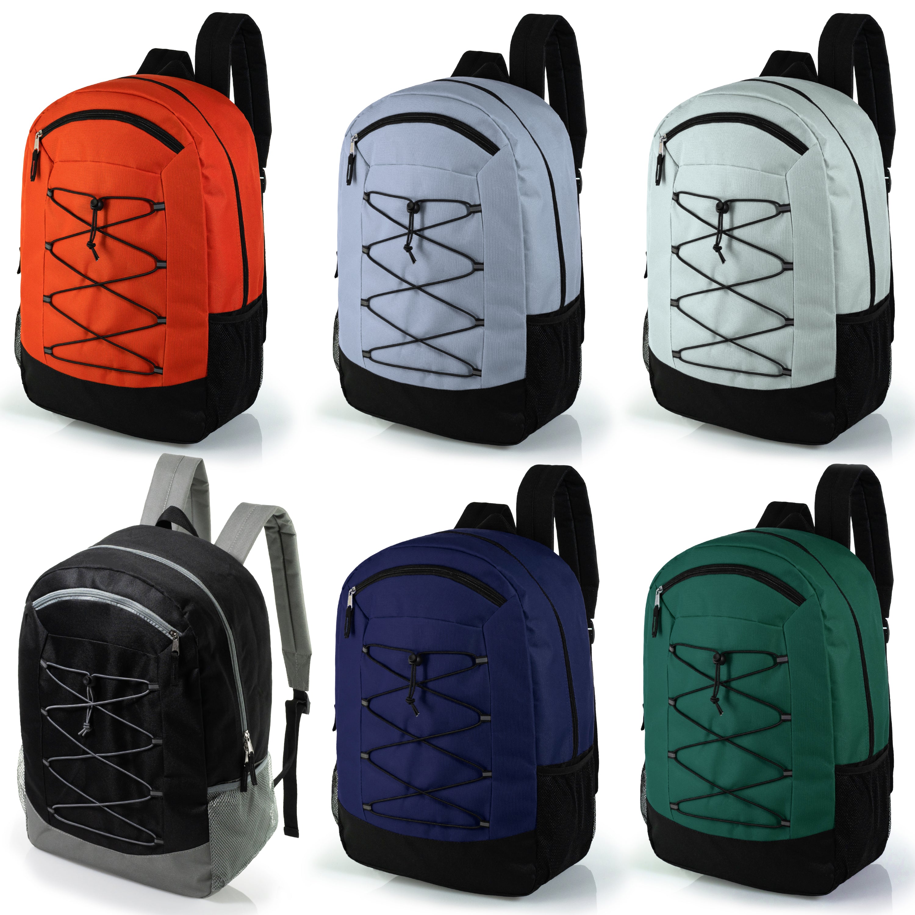 Large Size Deluxe 19" Wholesale Bungee Backpacks | Dual Mesh Side Pockets - Bulk Case of 24