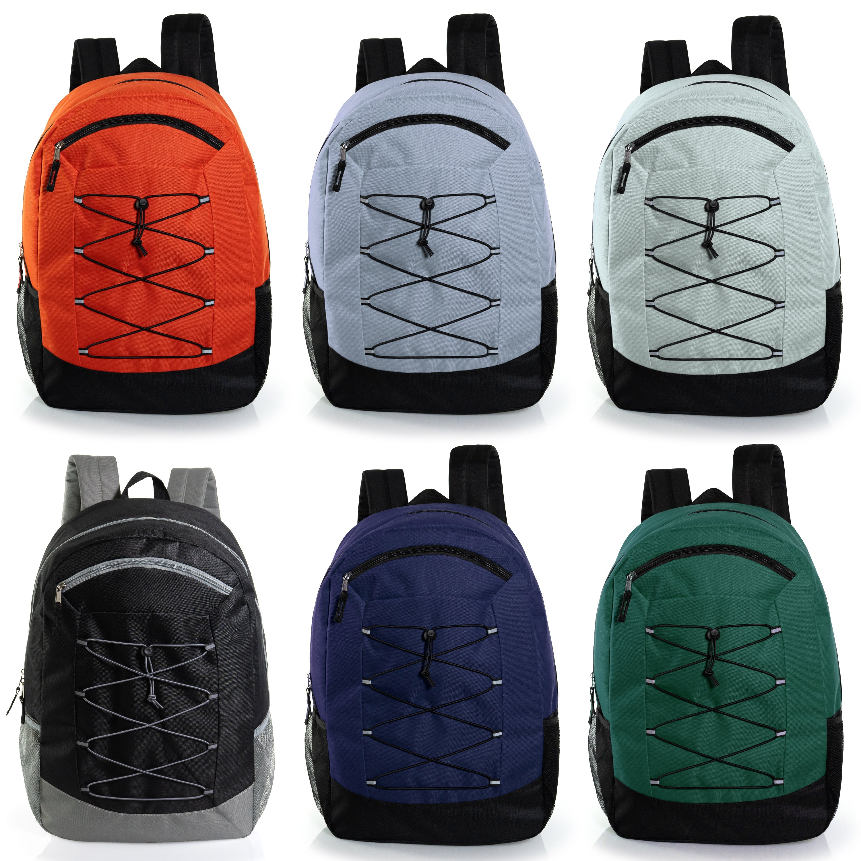 Large Size 19" Wholesale Bungee Backpacks | Dual Mesh Side Pockets - Bulk Case of 24