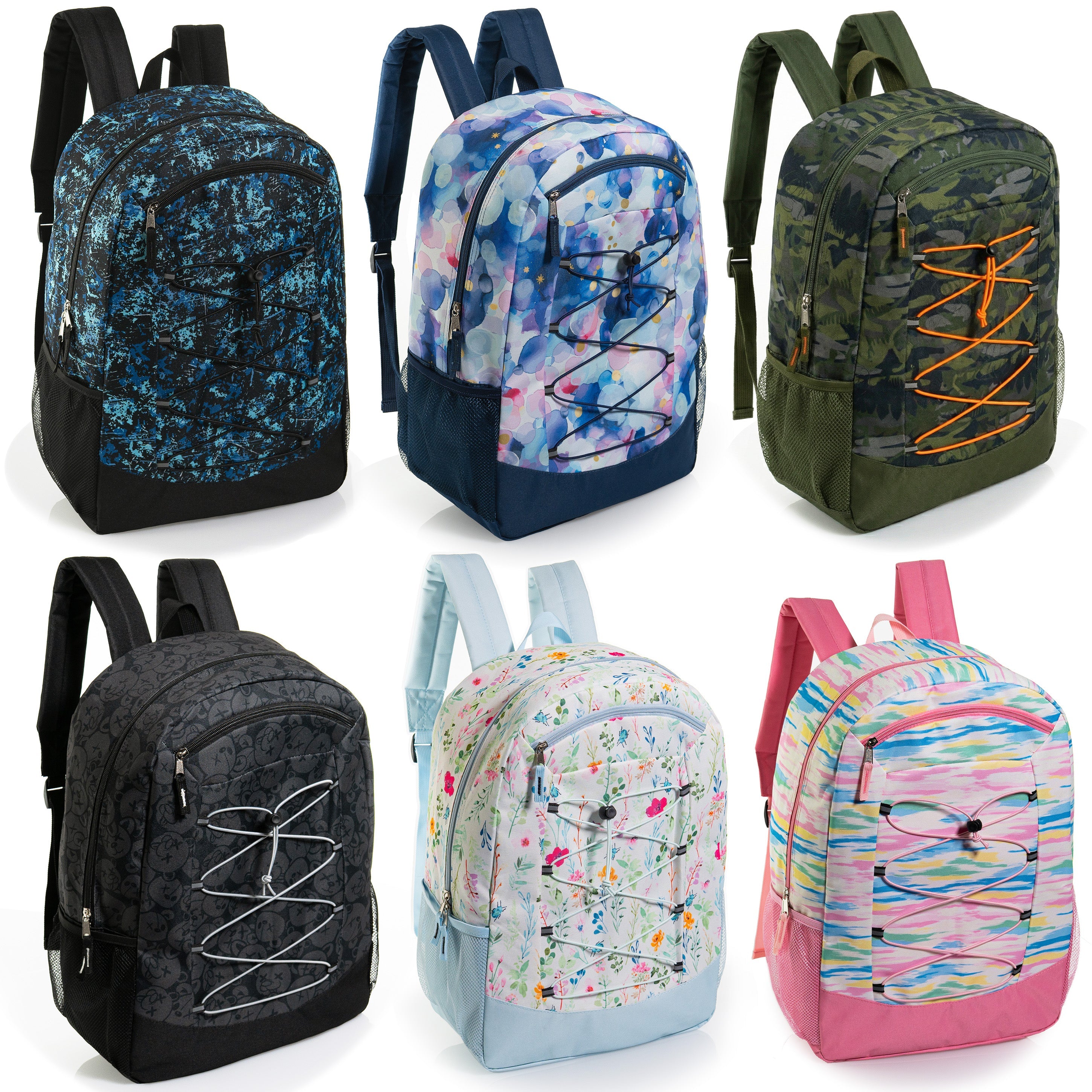 19" Large Wholesale Bungee Backpacks | 6 Prints & Colors | 2 Side Pockets - Bulk Case of 24