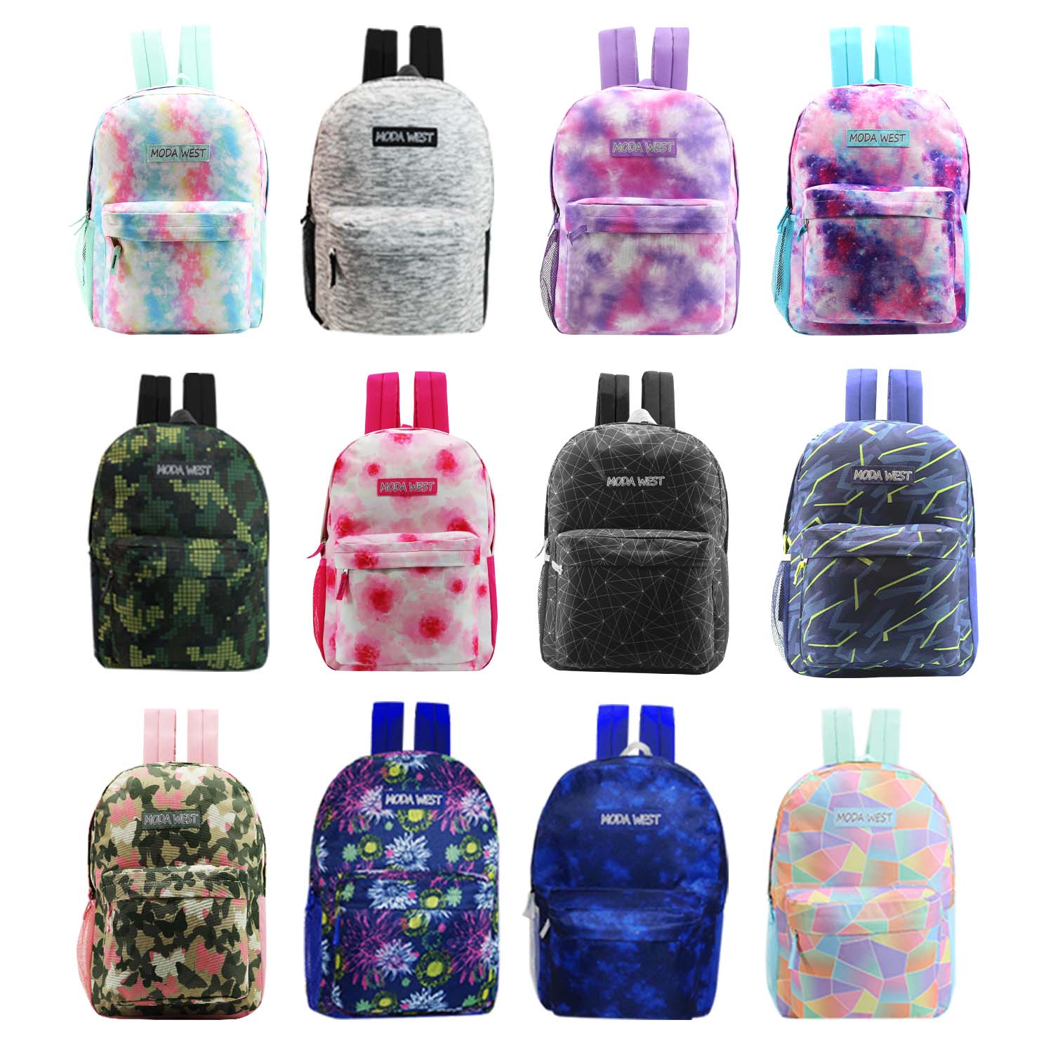 12 Patterned 17" Backpacks in Assorted Prints & Your Choice of 12 Bulk Hygiene Kits - Wholesale Care Package: Homeless, Emergency, Charity
