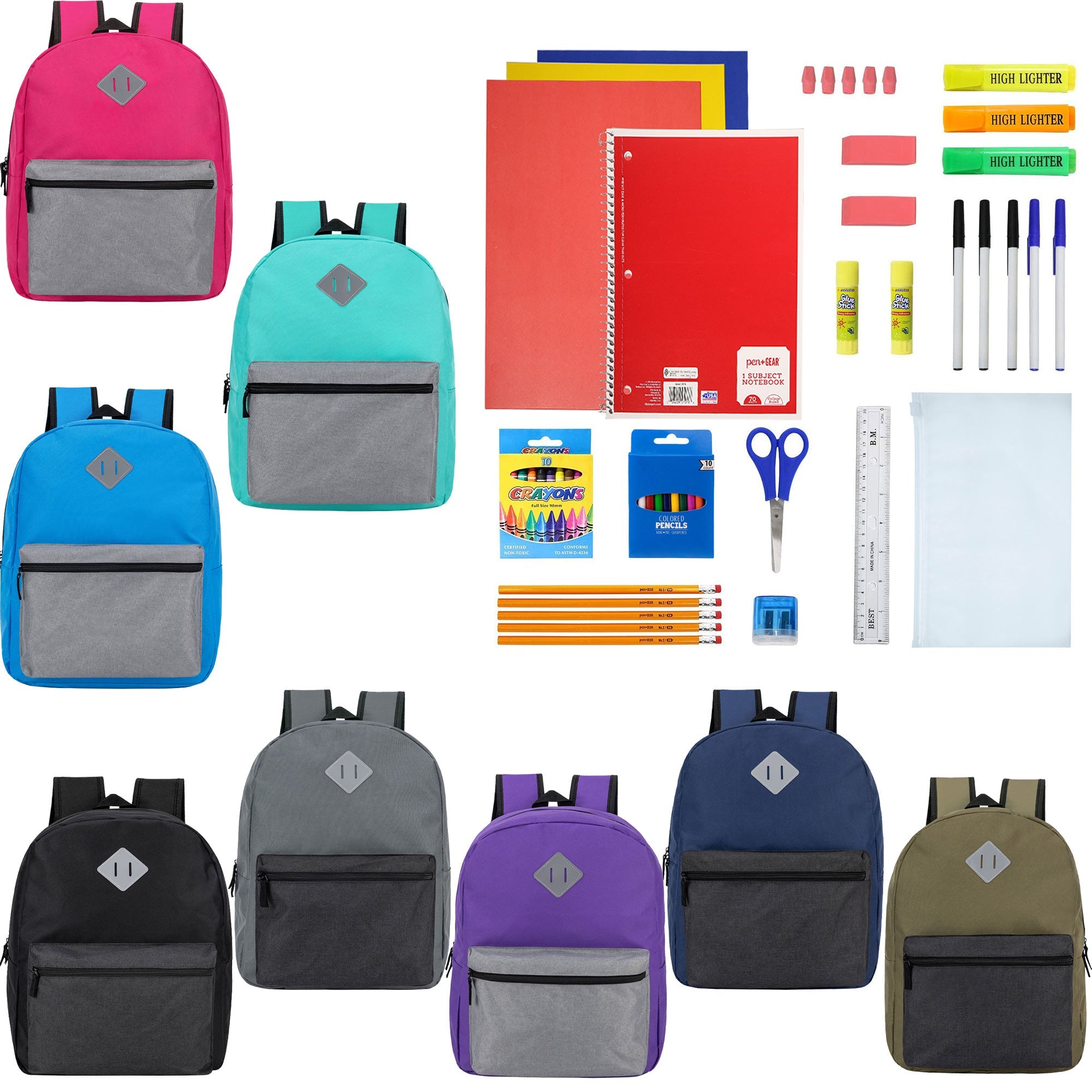 glue mini backpacks 12 Wholesale 17" Diamond Patch Backpacks in 8 Colors & 12 Bulk School Supply Kits of Your Choice