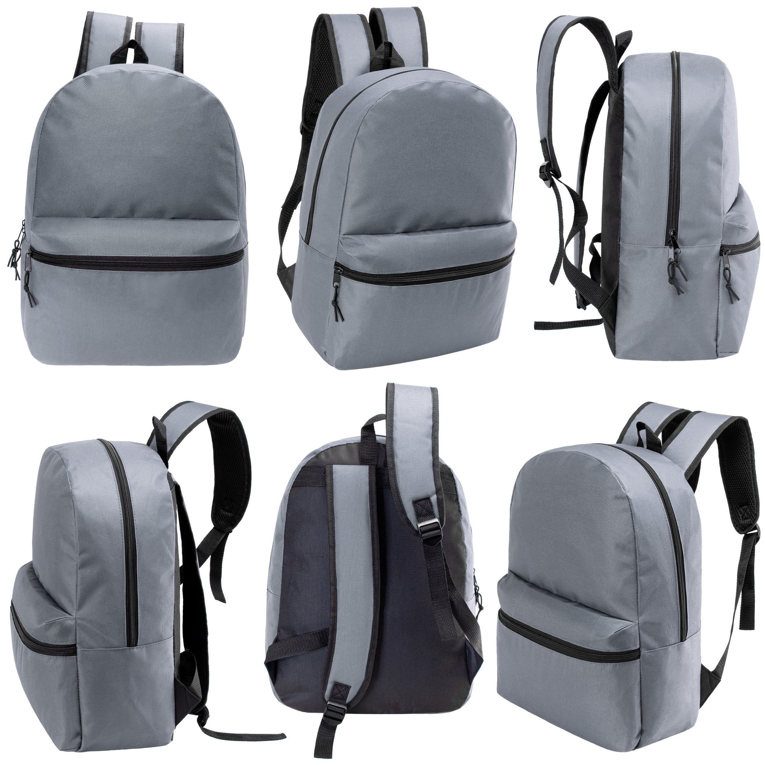 12 Wholesale 17" Basic Backpacks in Cool Gray & 12 Bulk School Supply Kits of Your Choice