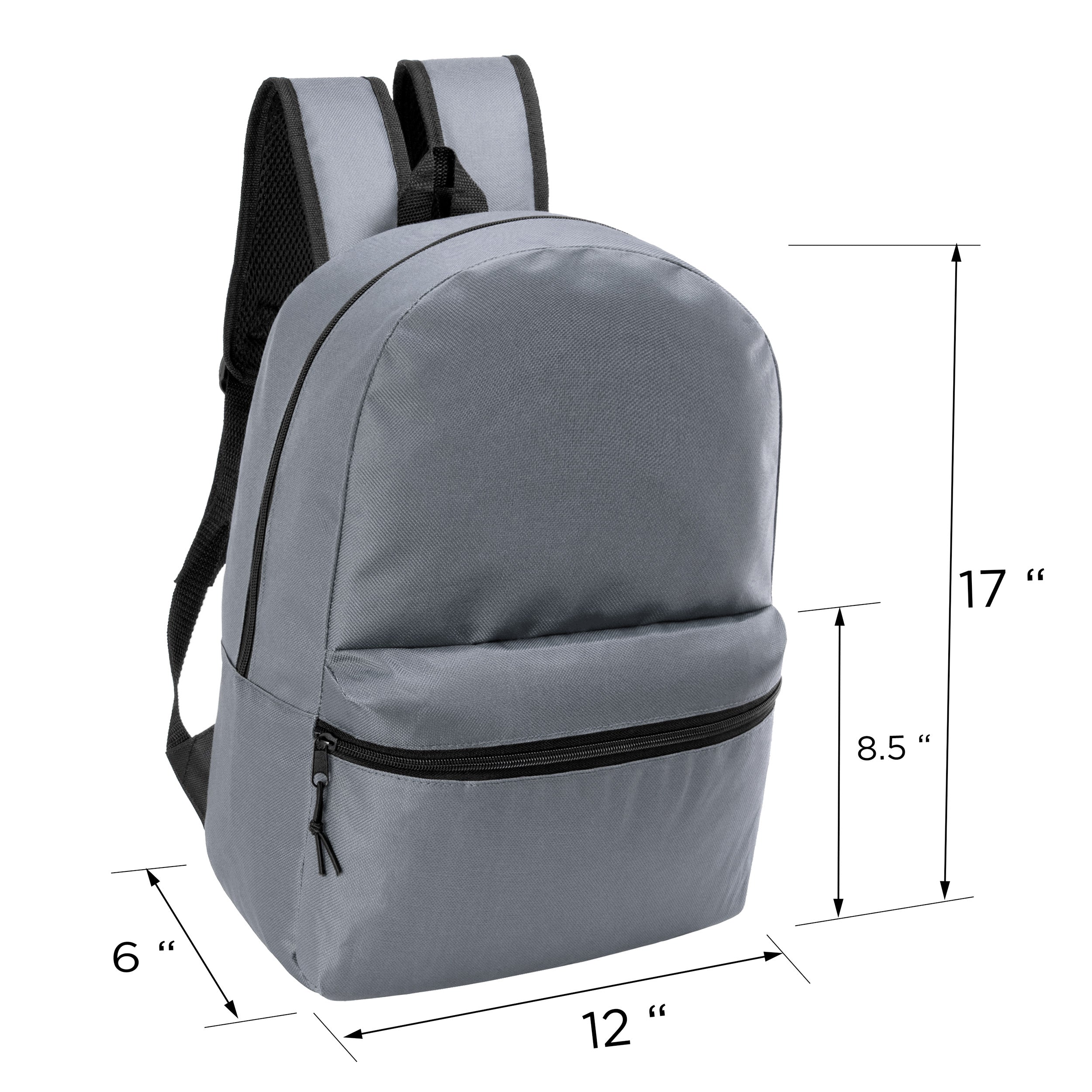 12 Wholesale 17" Basic Backpacks in Cool Gray & 12 Bulk School Supply Kits of Your Choice