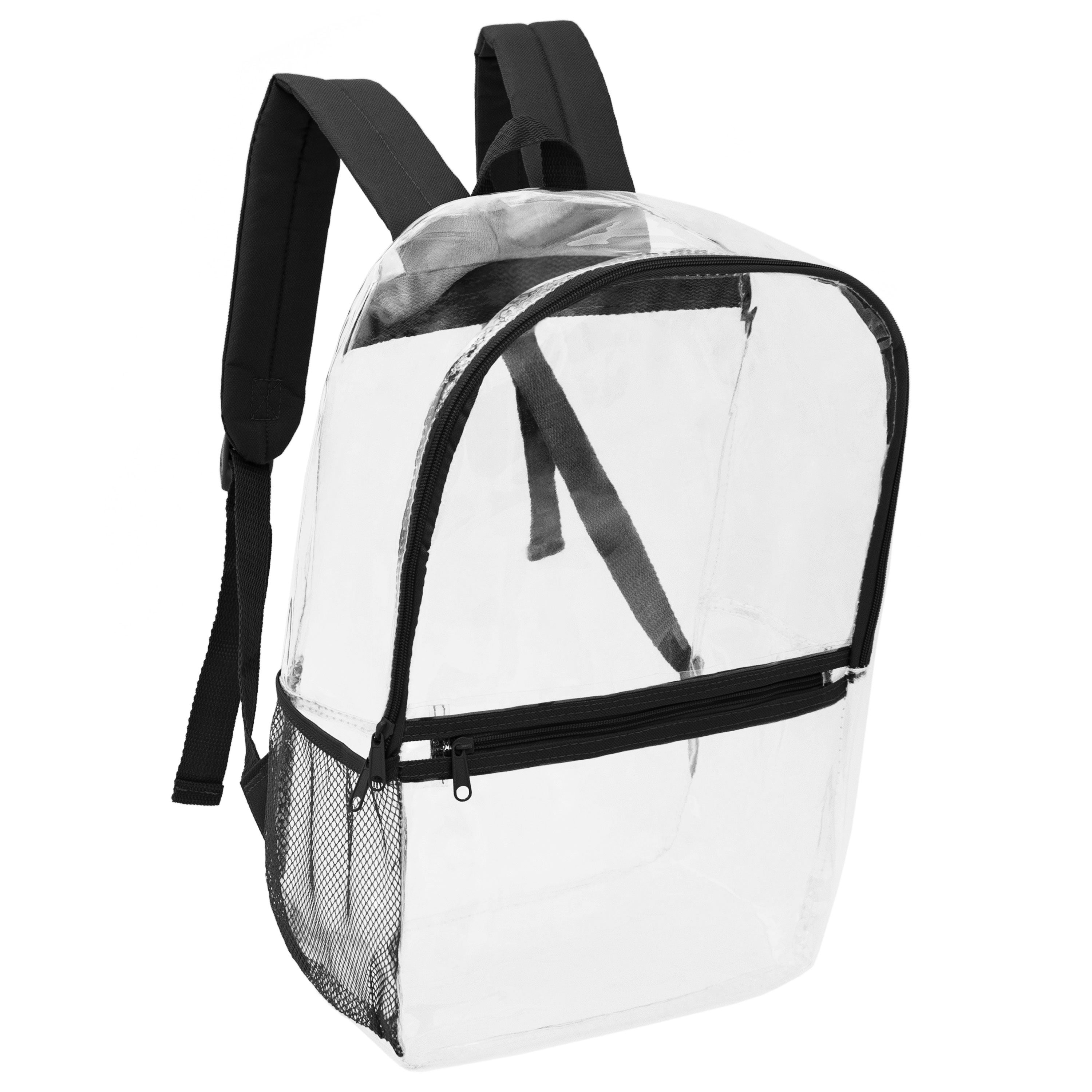 17" Clear Wholesale Backpacks with Black Trim & 12 Bulk School Supply Kits of Your Choice