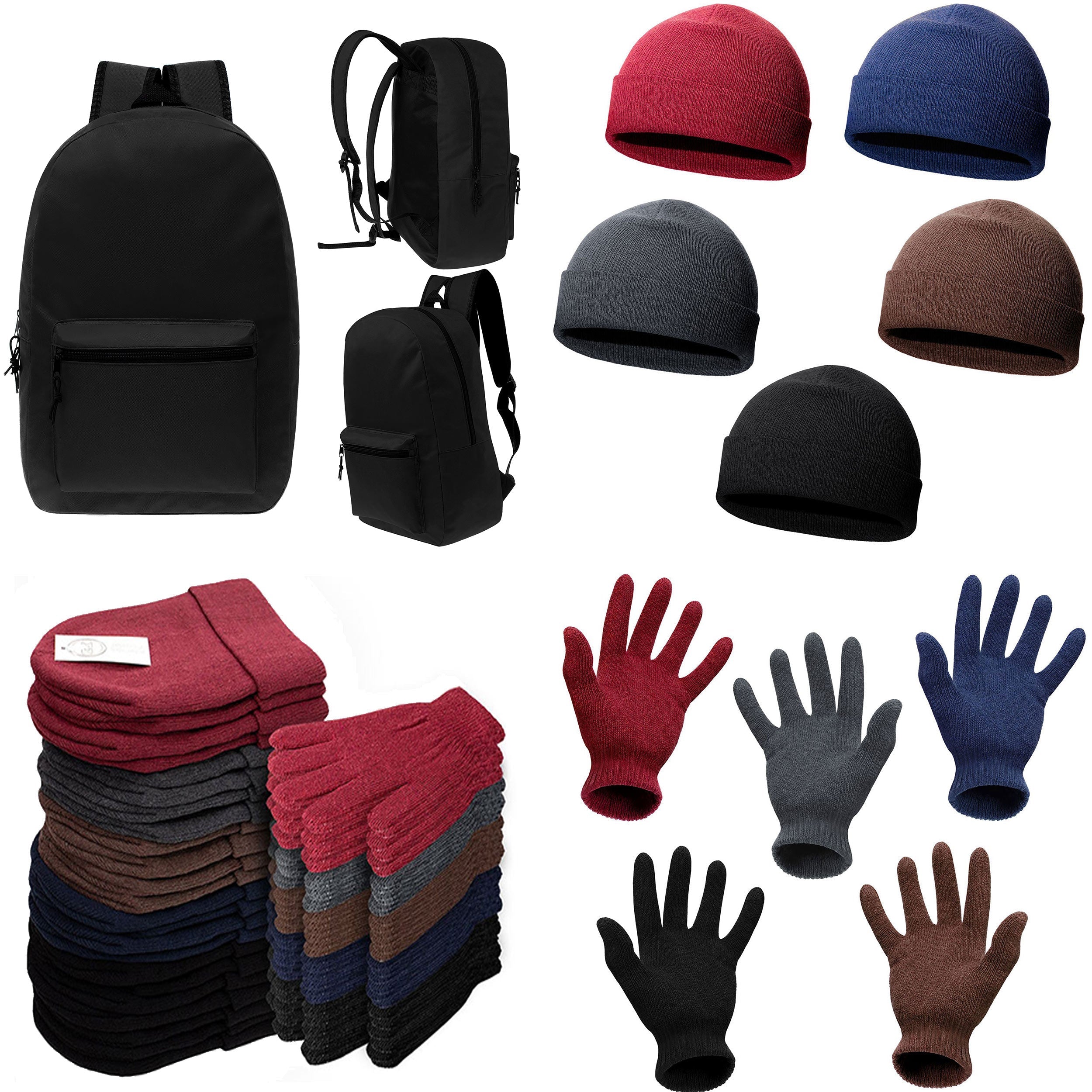 12 Black 17" Basic Backpacks & Your Choice of 12 Winter Item Sets - Wholesale Care Package: Homeless, Emergency, Charity