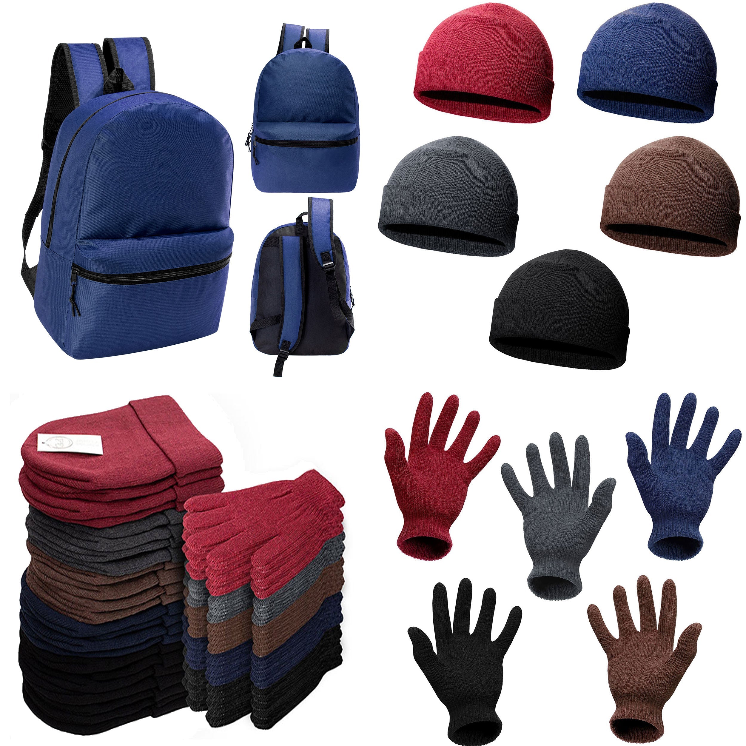 12 Basic 17" Backpacks in Navy Blue & Your Choice of 12 Winter Item Sets - Wholesale Care Package: Homeless, Emergency, Charity
